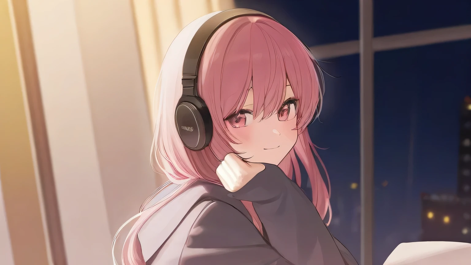 Woman listening to a record with headphones in her room at night