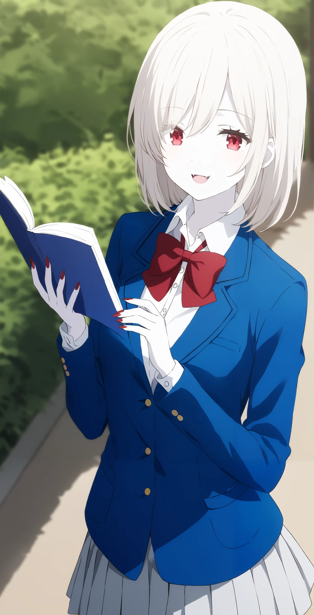 score_9, score_8_ up, score_7_ up, source_Anime, high definition ,
Anna, 1 girl in the best, Alone, school uniform , red eyes, jacket , shirt, bow, white shirt, blue jacket , collared shirt, blazer, red bow, medium hair , bowtie, bangs, Pure white hair, skirt , upper body, pure white and pale skin, have sharp fangs
outdoors, smile,全身 pure white and pale skin, pure white hair,Red nails,Extremely sharp nails ,,vampire,vampire化小早川杏奈,Fingers5Books