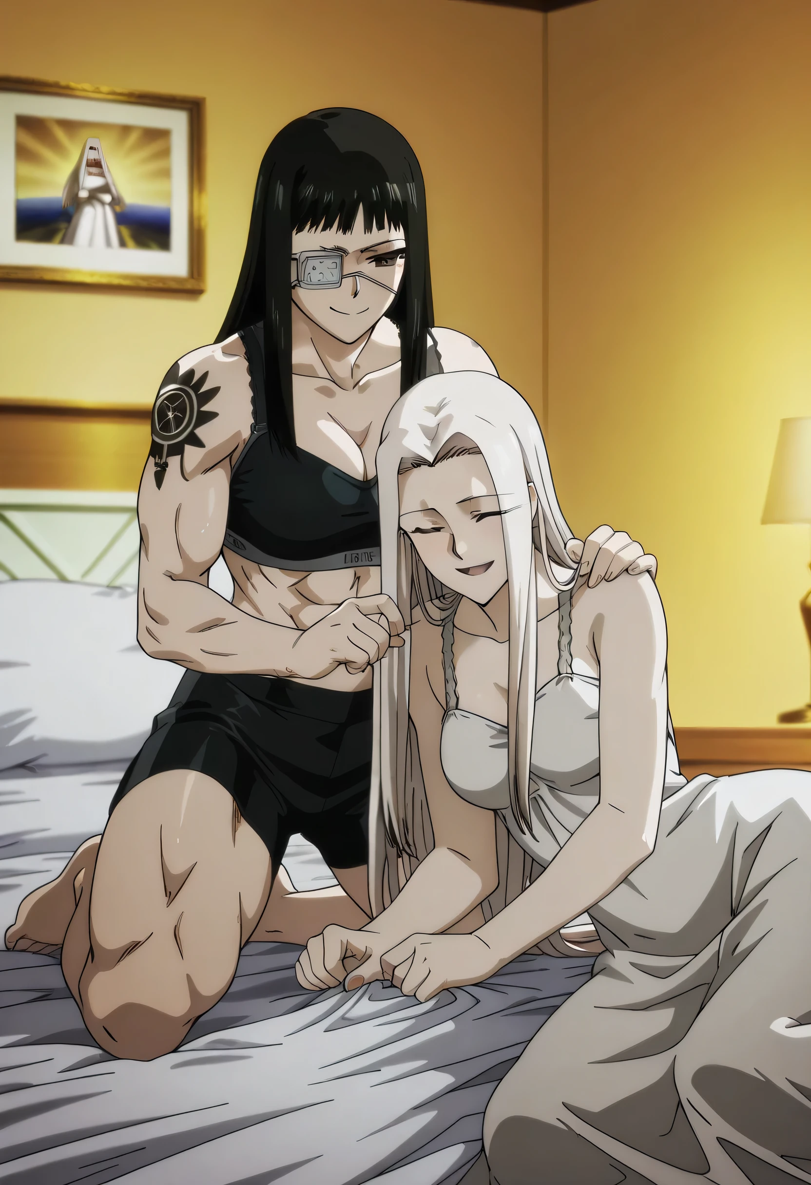2girl,solo,mm,mature female,black hair,eyepatch,brown eyes,medium breasts,anime coloring,long hair, muscular, tattoo, Valmet wearing sport black tight Elastic fiber sport bra and black tight Elastic fiber shorts,masterpiece,best quality,amazing quality,pelvis muscles,muscles lines,Valmet with beautiful irisviel having a long white hair,irisviel wearing white dress small,irisviel soft body,lesbians,yuri,Valmet hugs irisviel from behind,in night,bedroom,eyes closed,plush face,dynamic sex,reviewing from behind valmet,irisviel laying
side in bed and valmet laying behind her,Valmet both hands touch irisviel belly,irisviel hands on Valmet hand,Valmet laying on side bed, irisviel×valmet,tickle irisviel waist and irisviel laugh,Valmet smirk smile,Valmet get her face to irisviel face,irisviel smaller than valmet body,Valmet big body size than irisviel