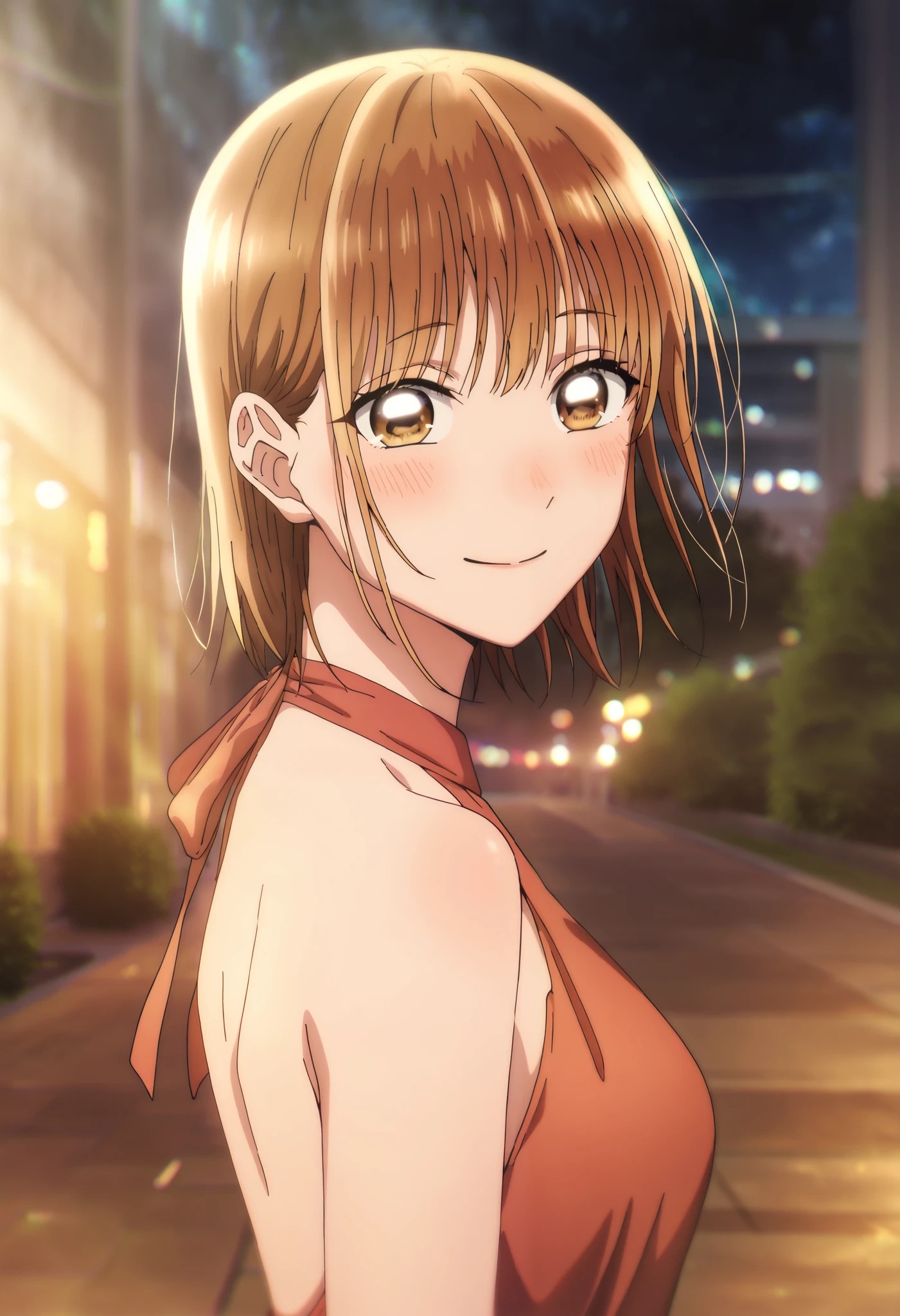 1 girl, Alone, Chinatsu, Blurry Background, outdoors, night, night time, masterpiece, top quality, High Quality, very aesthetic, absurd, brown eyes, blush, backless dress, backless outfit, red dress, neckline, bare shoulders, looking at viewer, smile