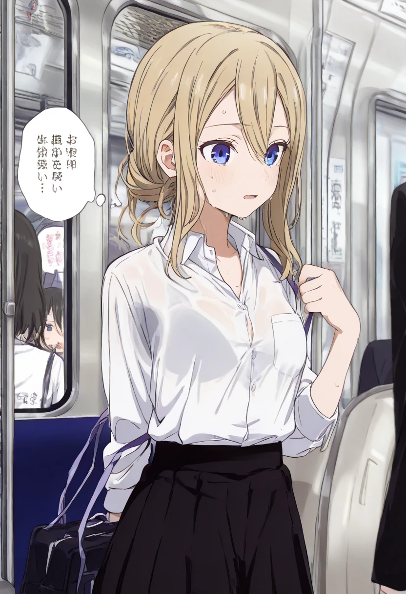1 female,The perfect 20 years old,gal,((ideal ratio body proportions:1.3,small head:1.7)),tan skin,(((high quality anime, 8k,masterpiece,Perfect Anatomy))),after sex,(beautiful detailed face closed eyes,sleeping), BREAK ,blonde hair,short bob hair,bangs, BREAK ,tears,blush,drooling,cowboy shot,small breasts,slender body,toned body,skinny,sweat, BREAK Sexy 、white formal shirt、Long sleeve、pleated navy itting,seat、Inside the train、Tokyo、Asahi、