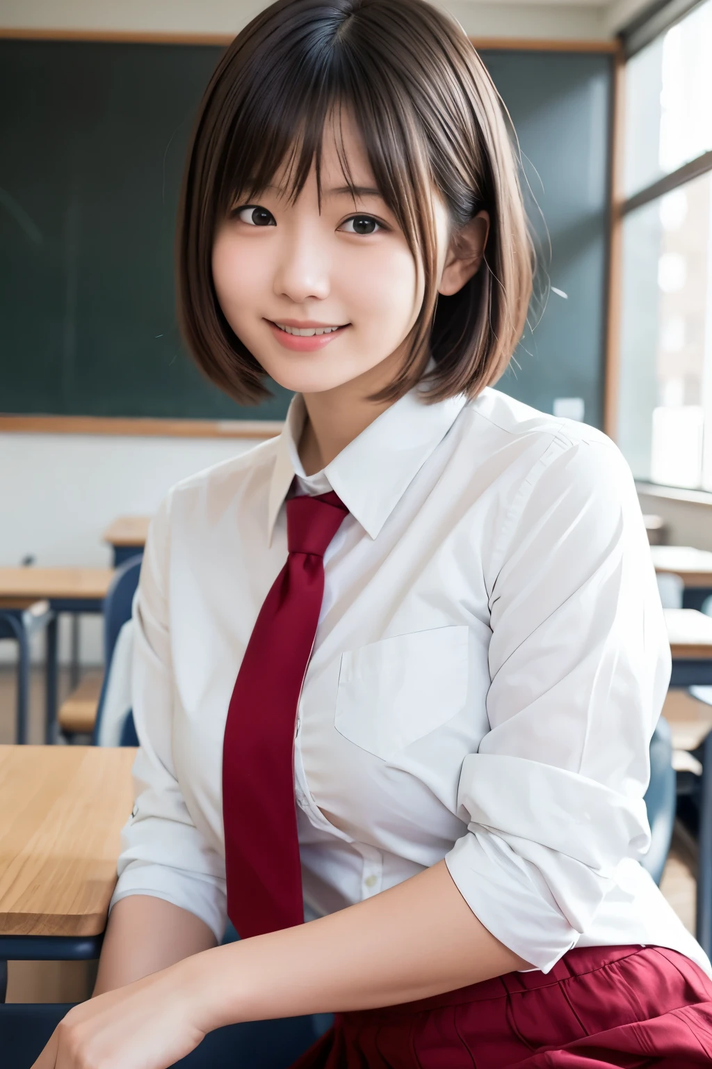 best quality , high quality , soft light, super high definition, ( Photos Realistic :1.4), focus on face , japanese girl, solo, cute , embarrassed smile, ( brown eyes, light in the eyes ), detailed and beautiful face , realistic skin and texture , short bob hair, high school classroom , blazer, white shirt, red tie , skirt