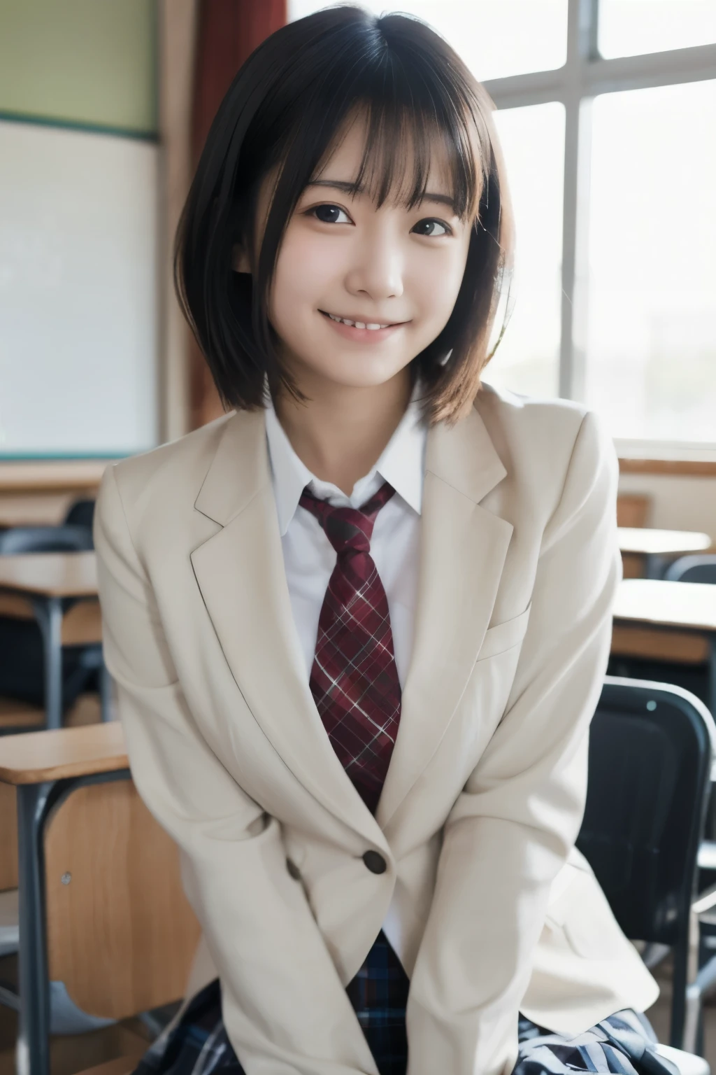 best quality , high quality ,  soft light,  super high definition, ( Photos Realistic :1.4), focus on face ,  japanese girl, solo, cute ,  embarrassed smile, ( brown eyes,  light in the eyes ),  detailed and beautiful face ,  realistic skin and texture ,  short bob hair,  high school classroom , blazer,  white shirt,  red tie , skirt