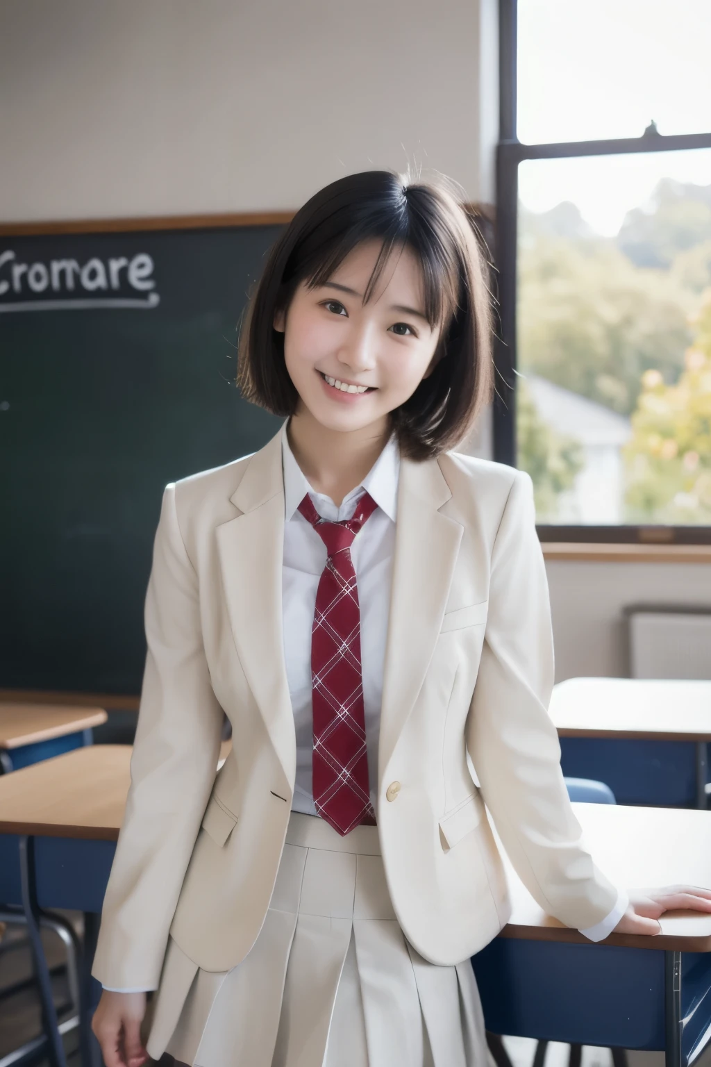 best quality , high quality ,  soft light,  super high definition, ( Photos Realistic :1.4), focus on face ,  japanese girl, solo, cute ,  embarrassed smile, ( brown eyes,  light in the eyes ),  detailed and beautiful face ,  realistic skin and texture ,  short bob hair,  high school classroom , blazer,  white shirt,  red tie , skirt