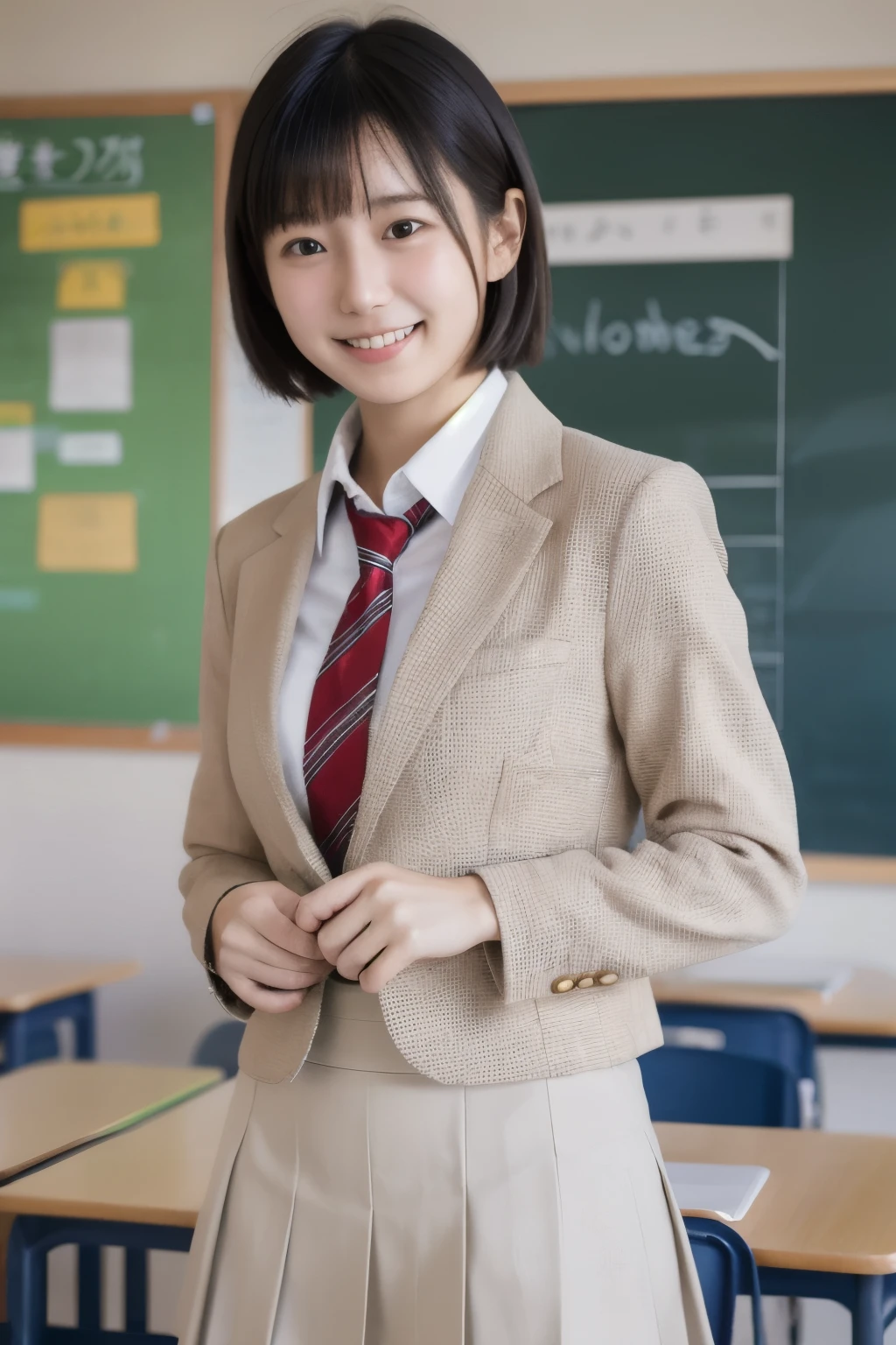 best quality , high quality , soft light, super high definition, ( Photos Realistic :1.4), focus on face , japanese girl, solo, cute , embarrassed smile, ( brown eyes, light in the eyes ), detailed and beautiful face , realistic skin and texture , short bob hair, high school classroom , blazer, white shirt, red tie , skirt