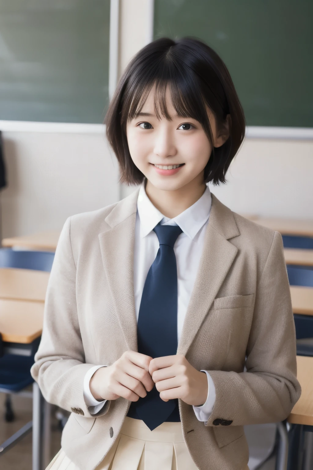 best quality , high quality , soft light, super high definition, ( Photos Realistic :1.4), focus on face , japanese girl, solo, cute , embarrassed smile, ( brown eyes, light in the eyes ), detailed and beautiful face , realistic skin and texture , short bob hair, high school classroom , blazer, white shirt, red tie , skirt