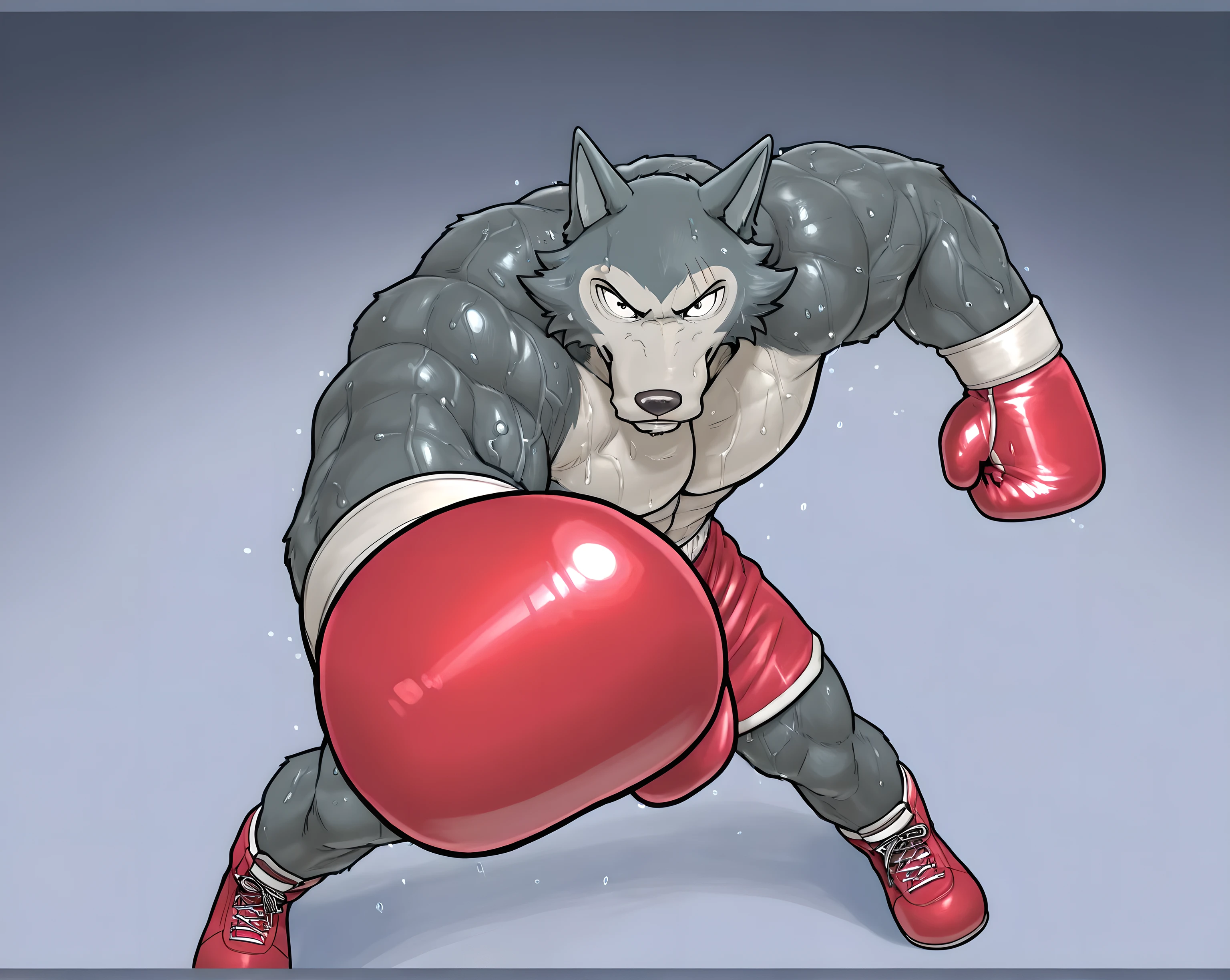 l3gosh1, beastars, male, solo, wolf, muscular, athletic, masculine, (small eyes), boxing_gloves, simple background, sweaty body, veiny arms, bulging muscles, boxing_stance, boxing, dynamic_pose, posing, boxing_shoes, boxing_shorts, full body, glistening body, boxing_pov, punching, high-angle shot, from above, looking at viewer