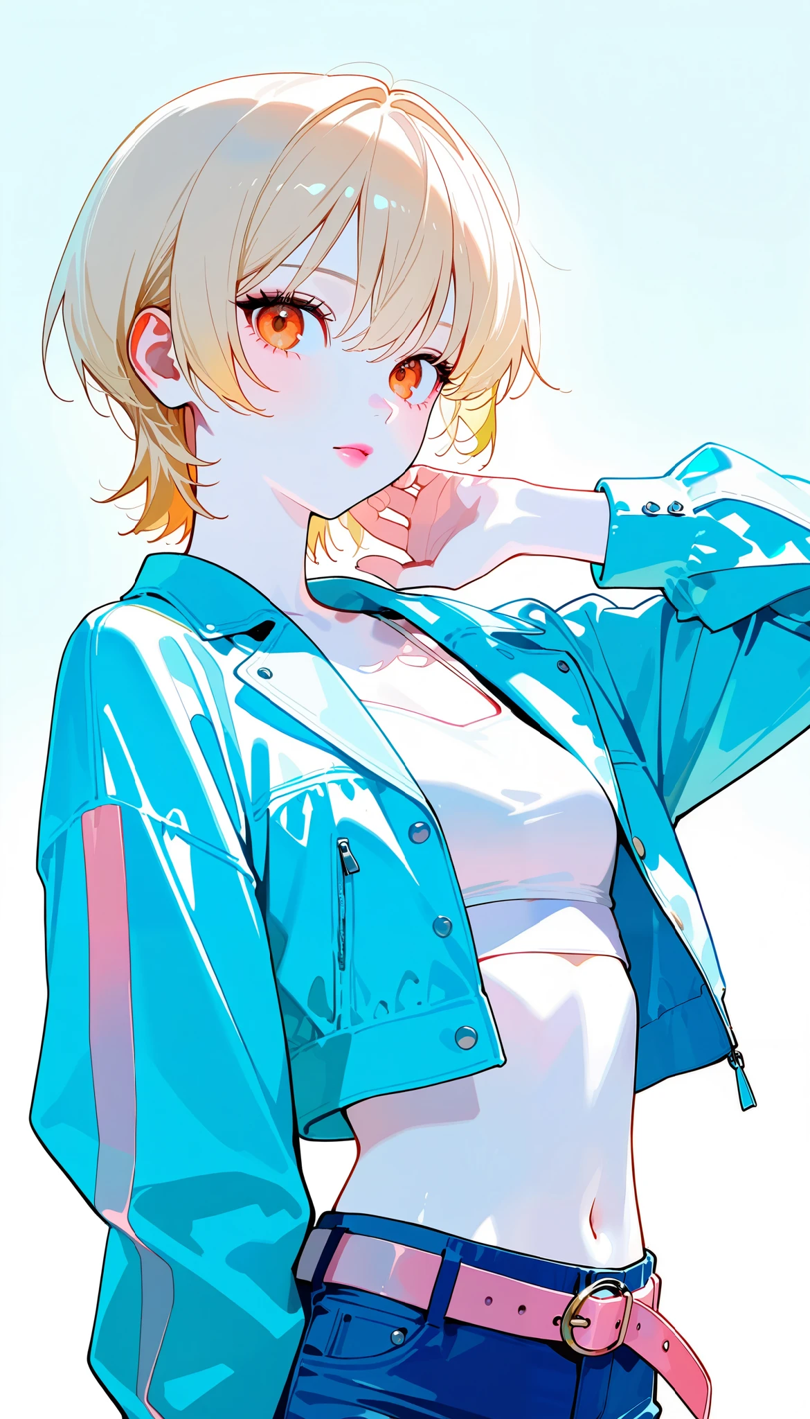(masterpiece,  best quality)   Details, 1 character ,   blue archival art style   ,   close-up photo of a Korean skinny girl   ****  blue jacket ,  pink belt  , BLACKPINK-inspired outfits,  crop top, Amazingly Beautiful Woman  ,  short hair ,   blonde hair ,  Orange Eyes ,  no student  ,  pink lips ,  blue-white skin , ￼26 years old, 
 , Faded pastel colors ,  cell shade  ,