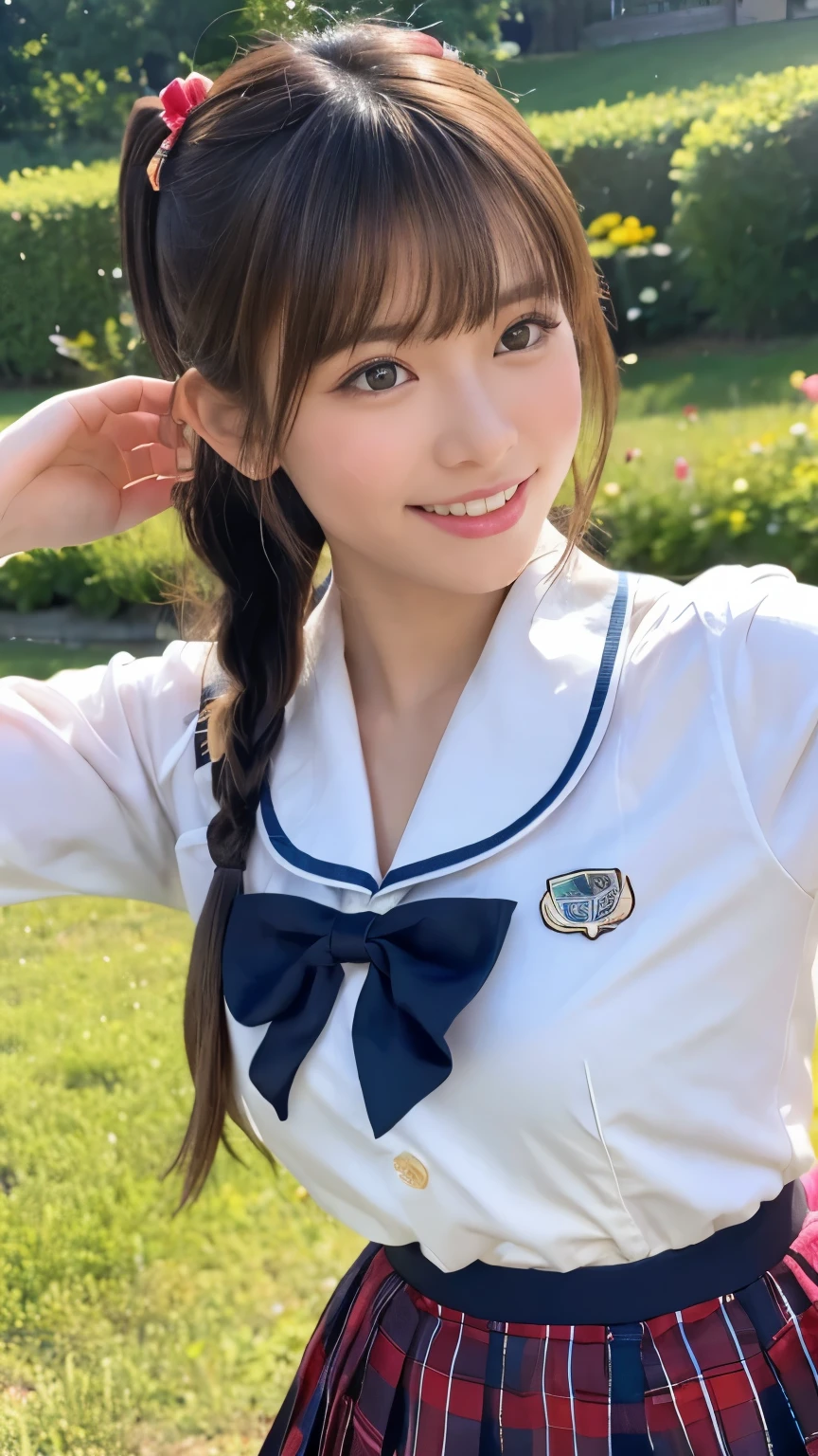 1 Girl, alone, Japanese girl, , 、(Highest quality, Realistic, High resolution, 8K, Very detailed, Detailed face, Shiny skin), Japanese , Collared shirt, White shirt, Red ribbon, Black Hair, shabby bangs, ponytail,Gazing into the distance,Navy blue mini skirt、Nice thighs、Are standing,Shooting from the side、The best smile、Nipples are watching、Completely naked