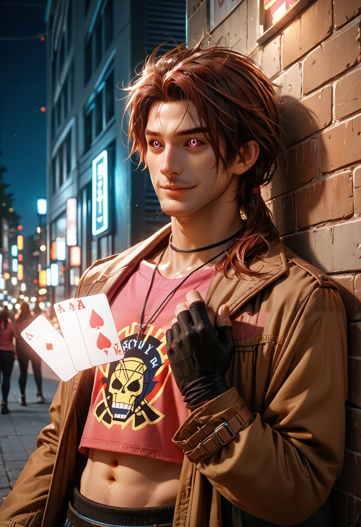 Dsk_Remy_Lebeau, 1boy, auburn hair, black gloves, black sclera, choker, colored sclera, necklace, fingerless gloves, streets, popular avenue, park landscape, sunset, long hair, male focus, navel, necklace, low ponytail, eyes red, shirt, pink crop top, detailed eyes, smile, alone, stubble, upper body, against the wall, standing, extreme light and shadow, portrait photography, lighting cinematic, brown coat, coat, open coat, stubble, holding, holding cards, glowing, extreme lights and shadows, cinematic angle, score_9, score_8_up, score_7_up, score_6_up, score_5_up, score_4_up,