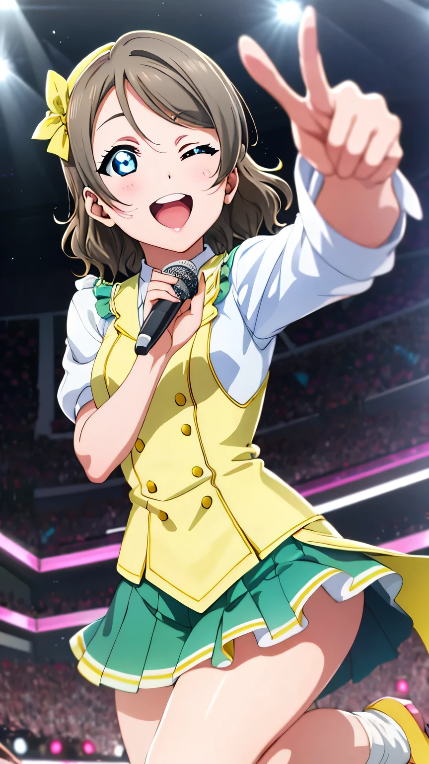 {{{masterpiece}}}, (best quality:1.5), (ultra-detailed:1.5), {illustration}, {{an extremely delicate and beautiful}}, (beautiful detailed eyes:1.6), absurdres, highres, extremely detailed face, 16k, hd, visual anime de uma jovem mulher, extremamente bonito rosto de anime, anime melhor garota, (perfect hands, perfect anatomy), anime face, watanabe you(love live! school idol project), you watanabe(love live! sunshine!!), 1girl, solo, cute face, light brown hair, medium hair, wavy hair, swept bangs, sidelocks, blue eyes, (High resolution eyes, Beautiful eyes, Light in the eyes), slender, medium breasts, big hips, curvaceous, BREAK, pointing, pointing at viewer, 1girl, solo, smile, open mouth, one eye closed, pointing, microphone, dancing, jumping, sing, singing, joyful, cute pose, dynamic pose, dynamic angle, indoor, stage, on stage, audience, fluttering skirt, peer in from below
