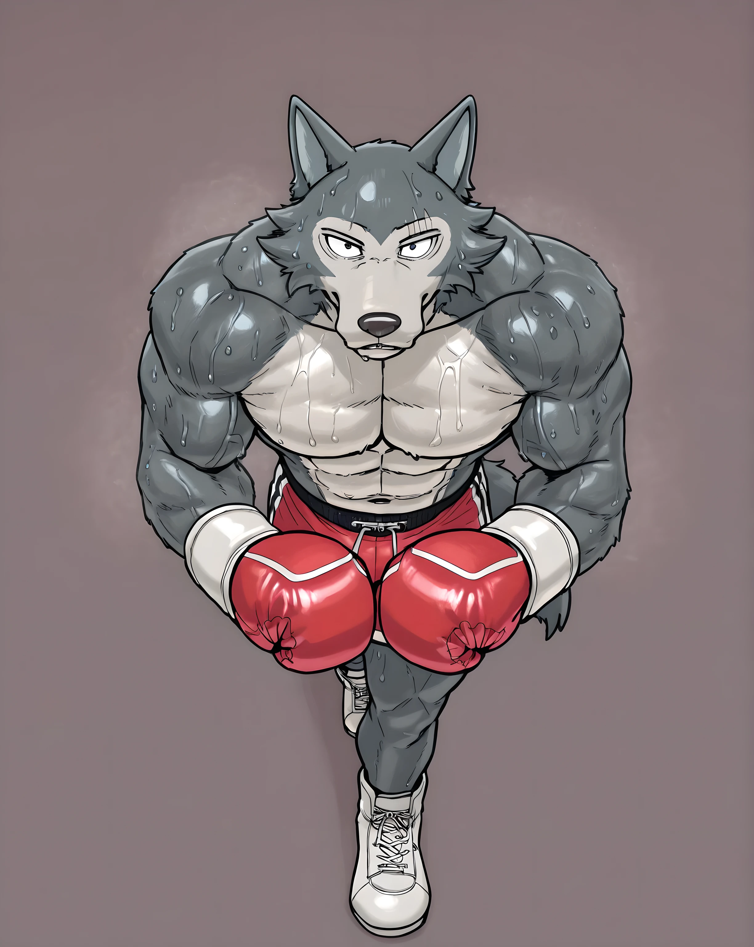 l3gosh1, beastars, male, solo, wolf, muscular, athletic, masculine, (small eyes), boxing_gloves, simple background, sweaty body, veiny arms, bulging muscles, boxing_stance, boxing, dynamic_pose, posing, boxing_shoes, boxing_shorts, full body, glistening body, boxing_pov, walking, high-angle shot, from above, looking at viewer