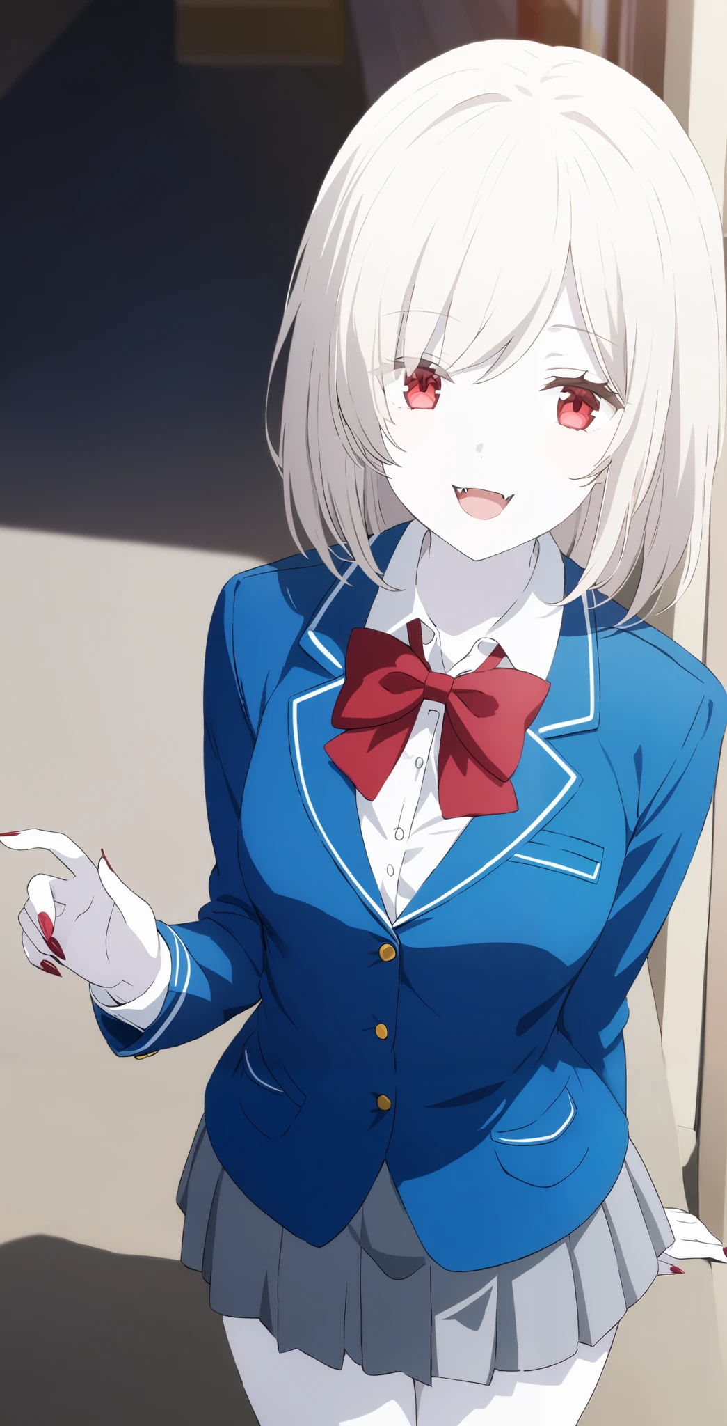  score_9,  score_8_ up,  score_7_ up,  source_Anime,  high definition , 
Anna,  1 girl in the best, Alone,  school uniform ,  red eyes,  jacket ,  shirt, bow,  white  shirt, blue  jacket , collared  shirt,  blazer, red bow,   medium hair , bowtie, bangs, Pure white hair,  skirt ,  upper body, pure white and pale skin, have sharp fangs
outdoors, smile,全身 pure white and pale skin, pure white hair,Red nails,Extremely sharp nails ,,vampire,vampire化小早川杏奈,Fingers５Books