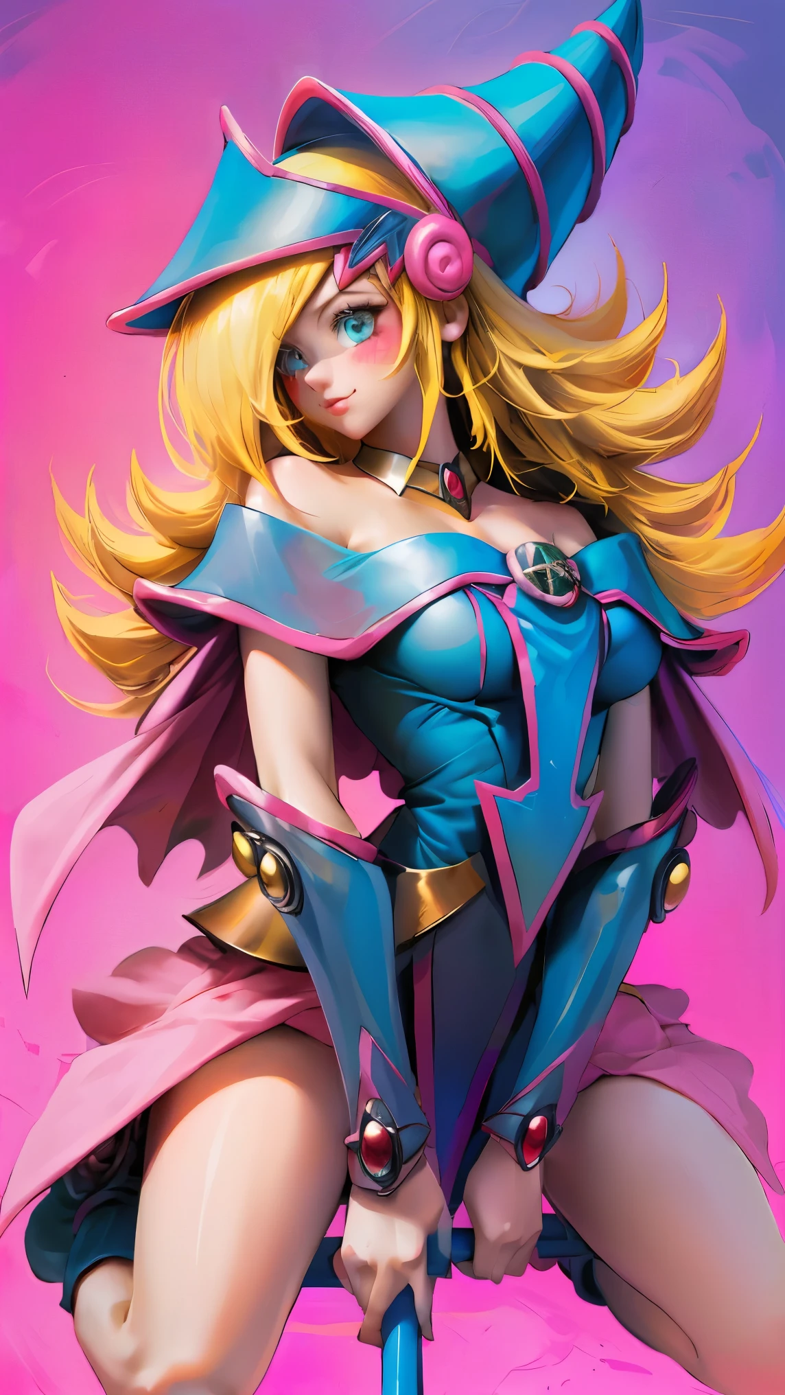 Black Magician Girl,smile,orgasms,Estrus season,Female face,on all fours,Medium breasts,blonde hair,magic circle,8K, 4k, highest quality, High resolution: 1.2),cute anime face、Pink blush on cheeks、noise removal、Leotard that bites into、have a cane、Hold your cane、