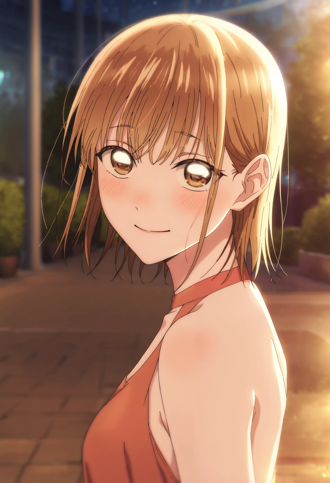 1 girl, Alone, Chinatsu, Blurry Background, outdoors, night, night time, masterpiece, top quality, High Quality, very aesthetic, absurd, brown eyes, blush, backless dress, backless outfit, red dress, neckline, bare shoulders, looking at viewer, smile, pov