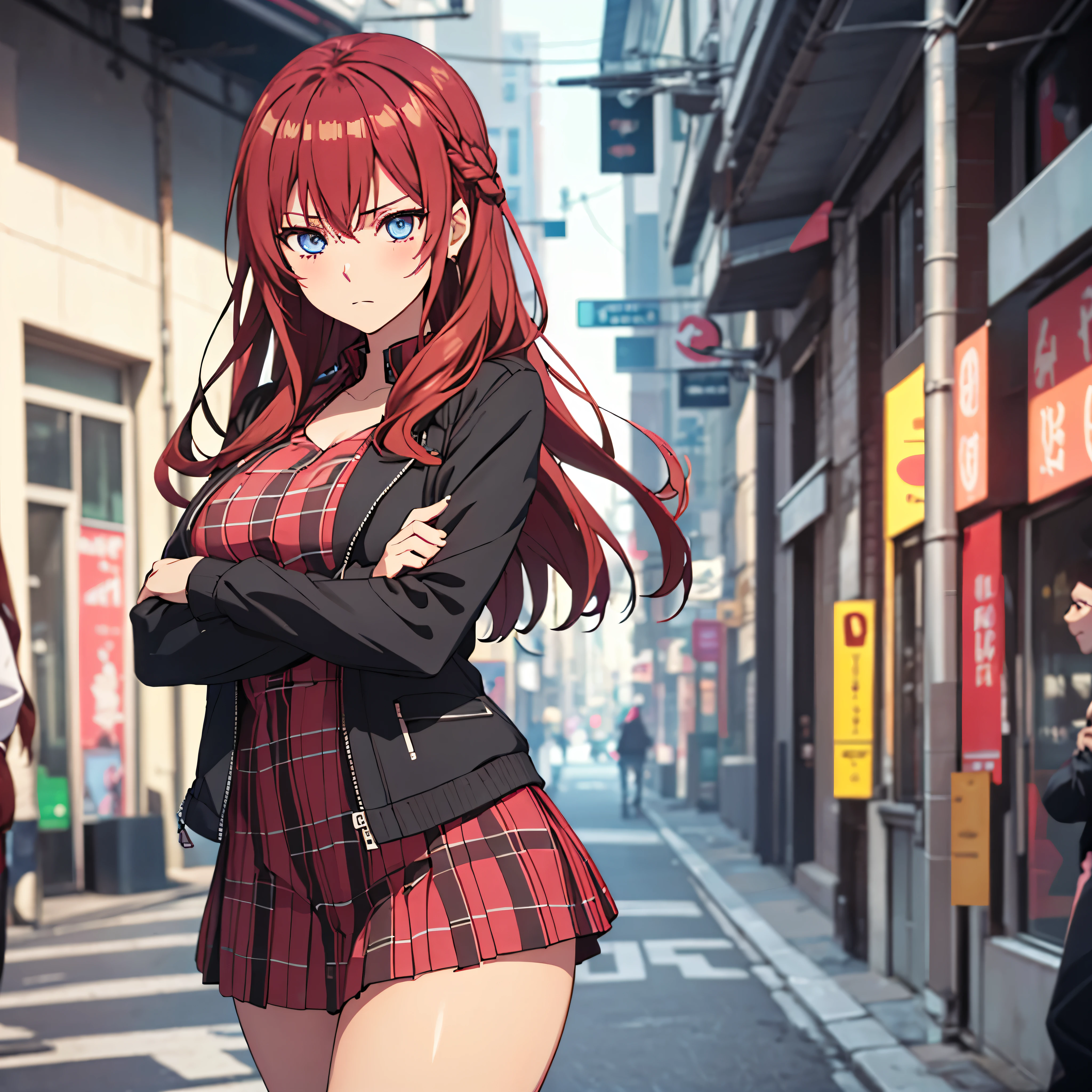 ((masterpiece,best quality)), highres, , extremely detailed 8K wallpaper, depth_of_field, best shadow, (Colorful),(Delicate eyes and face), nice hand, Perfect hands, (no lighting), Ray tracing, (1girl), long hair, (dark red hair), dark blue eyes, very big breasts, Part in the middle hairstyle, hairpin, annoyed, blushing, tsundere, standing, Cowboy Shots and knee, sharp eyes, black jacket, pink plaid dress, miniskirt, (solo), wide hips, centered, street, (thick thights), standing, solo, crossed arms