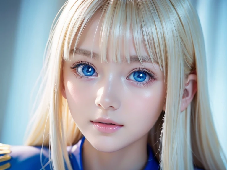 bright look, photorealism, highest quality, Super A high resolution, picture, The most beautiful photos of Nordic girls, cute and beautiful face details, small face, (smile shyly:1.4), (Pueros face_v1:0.008), beautiful bangs, alice in wonderland, , White and shiny skin, Pigtails, Bangs that extend to the face, by bangs, hair between eyes, super long hair, さらさらのsuper long hairが魅力的なプラチナブロンドヘア, thin hair, Charming shining beauty bright clear light blue big eyes, (big round eyes, droopy eyes:1.4), school uniform, Eyeliner, double eyelid, crisp chest