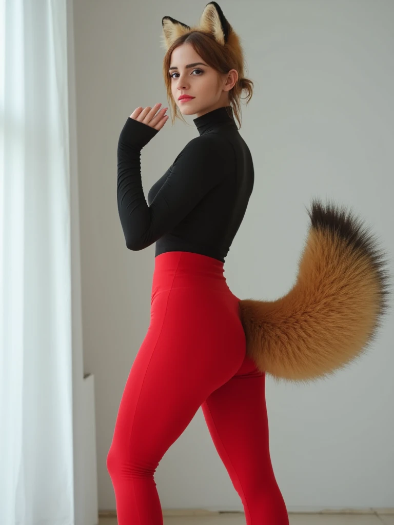 ((Highest quality, 8k)), ((masterpiece)), (Highest Resolution), Perfect Face, Fox Woman, Beautiful woman, public, Has one tail, She has thick thighs, a large tail, She has a red fox tail, She wags her tail, smile, fur collar, She is wearing business pants, Beautiful Hips, A tail sticking out from a hole in his pants