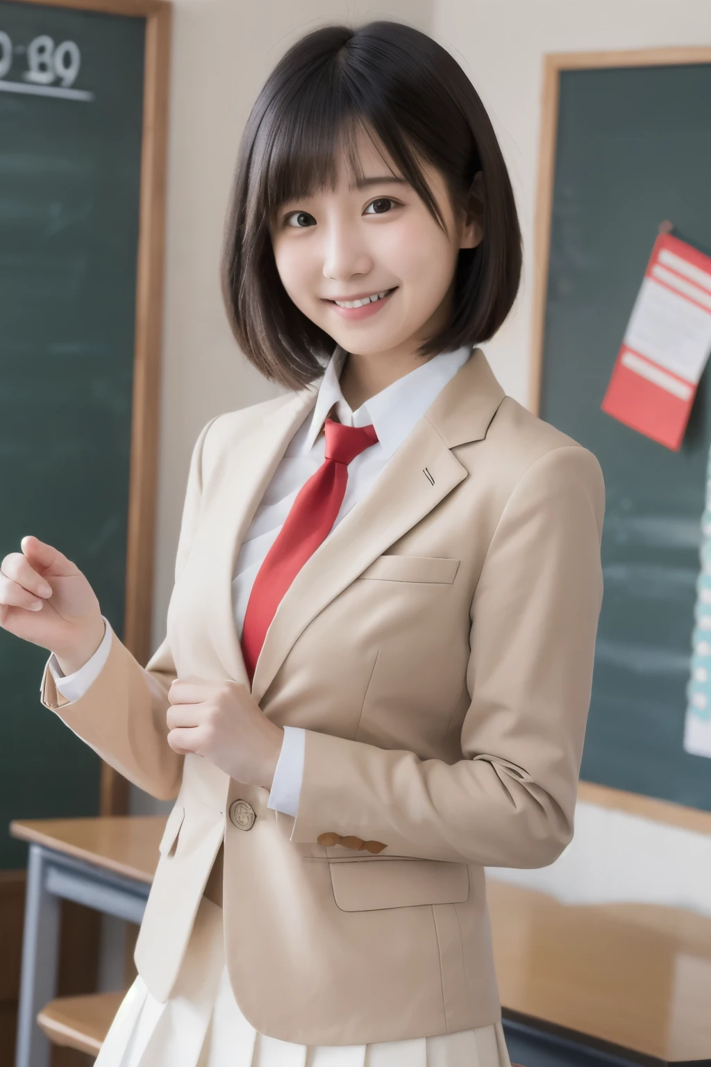best quality , high quality , soft light, super high definition, ( Photos Realistic :1.4), focus on face , japanese girl, solo, cute , embarrassed smile, ( brown eyes, light in the eyes ), detailed and beautiful face , realistic skin and texture , short bob hair, high school classroom , blazer, white shirt, red tie , skirt