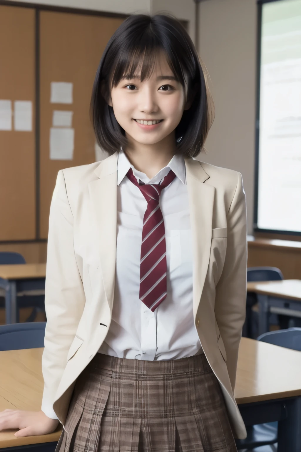 best quality , high quality ,  soft light,  super high definition, ( Photos Realistic :1.4), focus on face ,  japanese girl, solo, cute ,  embarrassed smile, ( brown eyes,  light in the eyes ),  detailed and beautiful face ,  realistic skin and texture ,  short bob hair,  high school classroom , blazer,  white shirt,  red tie , skirt