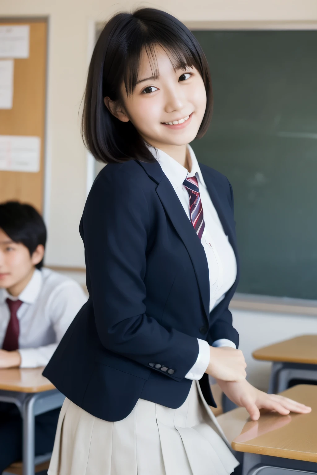 best quality , high quality , soft light, super high definition, ( Photos Realistic :1.4), focus on face , japanese girl, solo, cute , embarrassed smile, ( brown eyes, light in the eyes ), detailed and beautiful face , realistic skin and texture , short bob hair, high school classroom , blazer, white shirt, red tie , skirt