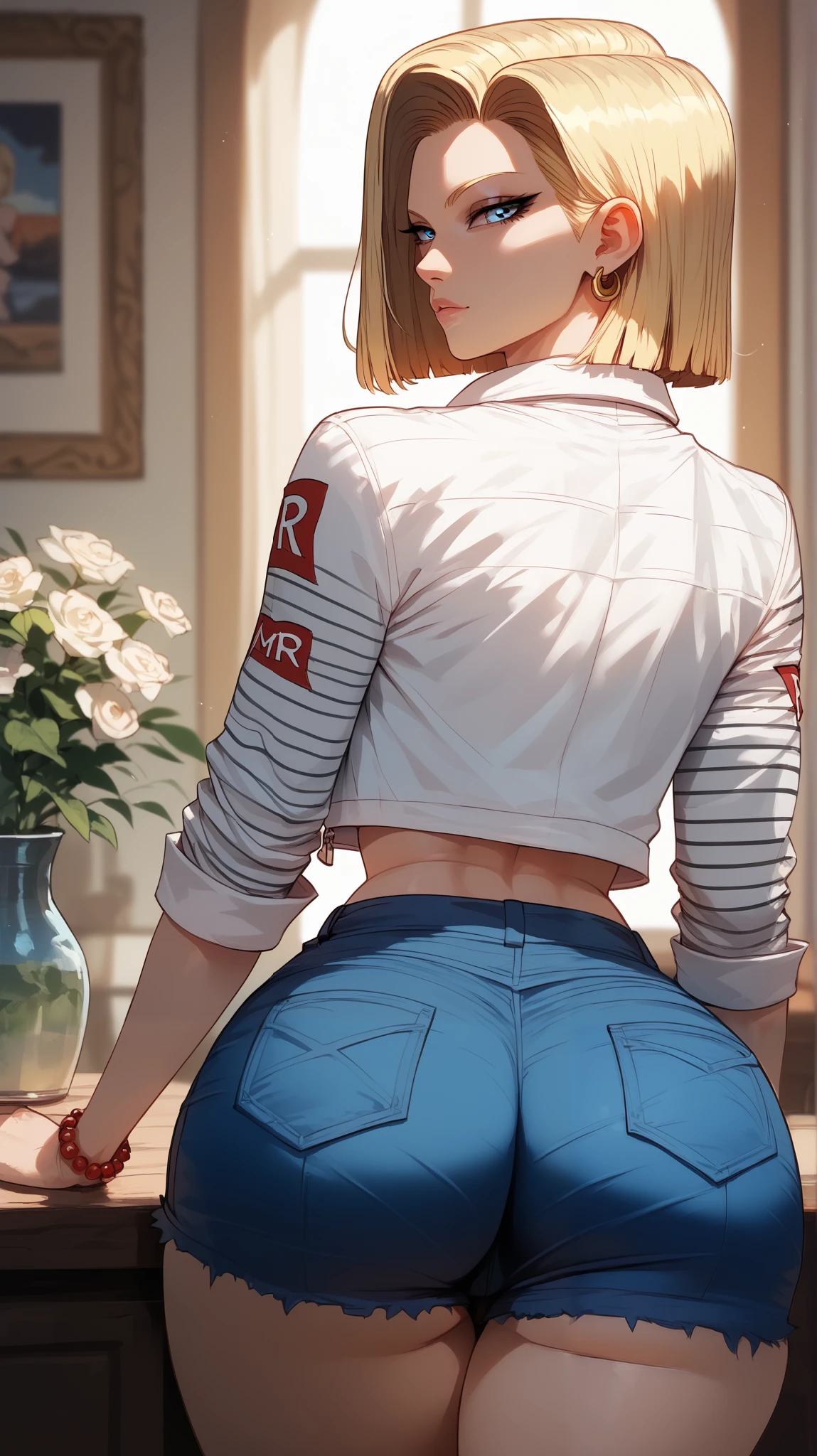 Android 18 style, perfect eyes, perfectly sexy face, ultra detailed, ultra perfect eyes , big beautiful woman , rear view , dark blue shorts, Body, looking at the spectator,