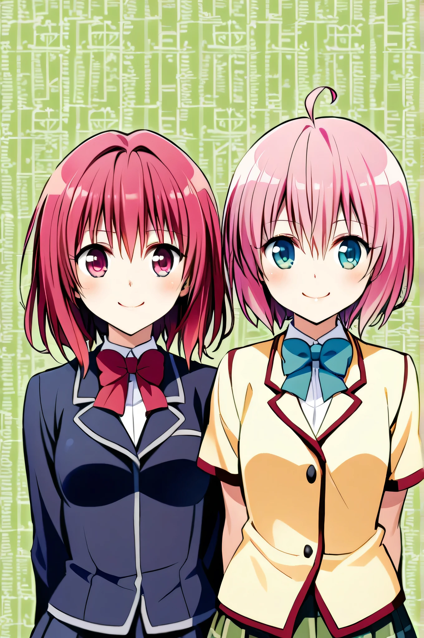 best image quality、 highest resolution、formula wallpaper、 simple background、 upper body portrait、
two girls standing side by side、 toLove、Momo Belia Deviluk with a pale pink shortcut and Nana Asta Deviluk with a twin tail in a pale pink shortcut、 school uniform 、smile、