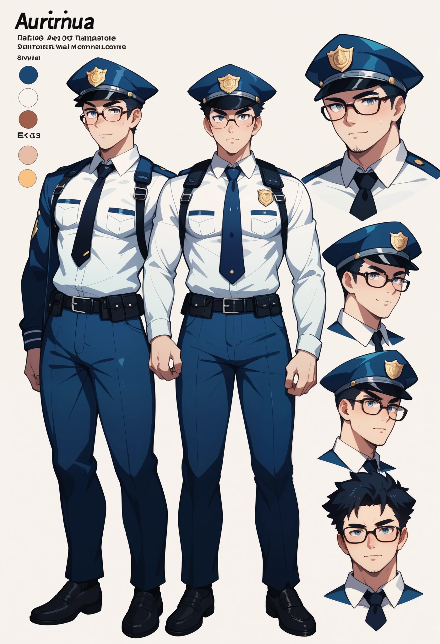 highres, top quality, best quality, paid reward available, High-quality illustrations, unparalleled masterpiece, perfect artwork, absurdres, perfect anatomy, standing kemono boy, three view drawing, front and side and back, character sheet, character design police man!!, anime character, glasses, facial expressions, Detailed description of character, text, Transform wolf, Collection of setting materials,