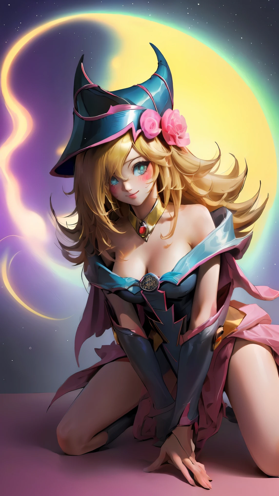 (Obra maestra:1.2), (La mejor calidad:1.2), Perfect lighting, Chica Maga Oscura lanzando un hechizo, flotando en el aire, tetas grandes, escote, fondo de magia. Corazones transparente en el hambiente, blue robe, sombrero grande, desde arriba, Destellos, Yugioh Card en el fondo