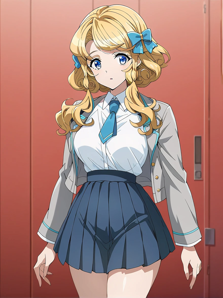 score_9, score_8_ up, score_7_ up, score_6_ up, score_5_ up, source_anime, break, anime screencap, I sweated, score, anime塗り絵, official style, Beautiful and Graceful Mature Woman , , shocked face , white skin, Well-balanced, Plump Hourglass Figure , narrow waist, wide , huge , round , Full , , plump natural , Tight, Toned, Long Legs , Soft, Feminine Face with Big Blue Eyes , Blonde pixie hair, bangs, hair bow, school uniform , gray jacket , pleated skirt, tie, , Touching very ,Scornful face