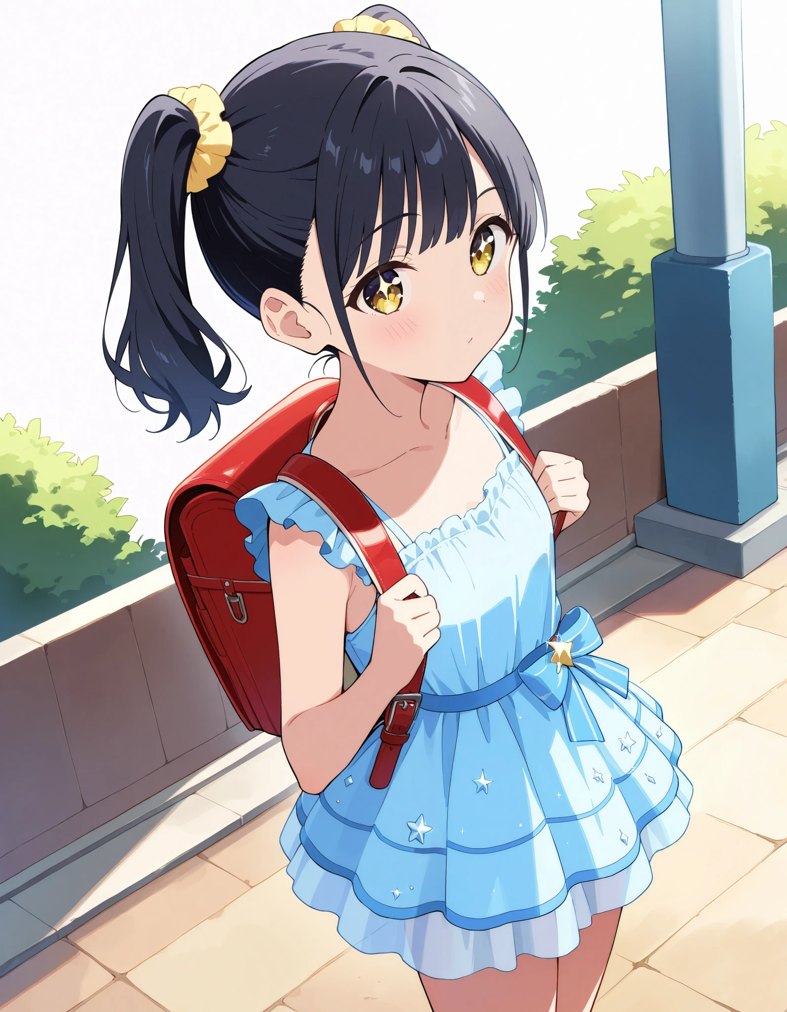 masterpiece, High resolution, 2d, anime, Black Hair p○nytail, hair ribb○n, 1girl, wearing a pink id○l dress (((A sparkling idol dress:1.2)))、(Wearing a flipped up, too short mini frill skirt), (Yellow Hairのアジア人), Outdoor, ponytail, Are standing, Outdoor, wearing red Backpack, wearing Randoseru backpack、Has bangs、Twin tails:1.2, ponytail, Are standing, potrait, cowboy shot, looking at viewer, alarm