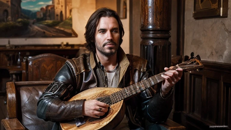 Bard in a rock suit leather jacket , with a guitar in hand, an art 3d rocker against the background of a medieval castle is detailed,  hand drawn in detail, detailed brush ,  five fingers ,   high resolution, HD quality,  photography  