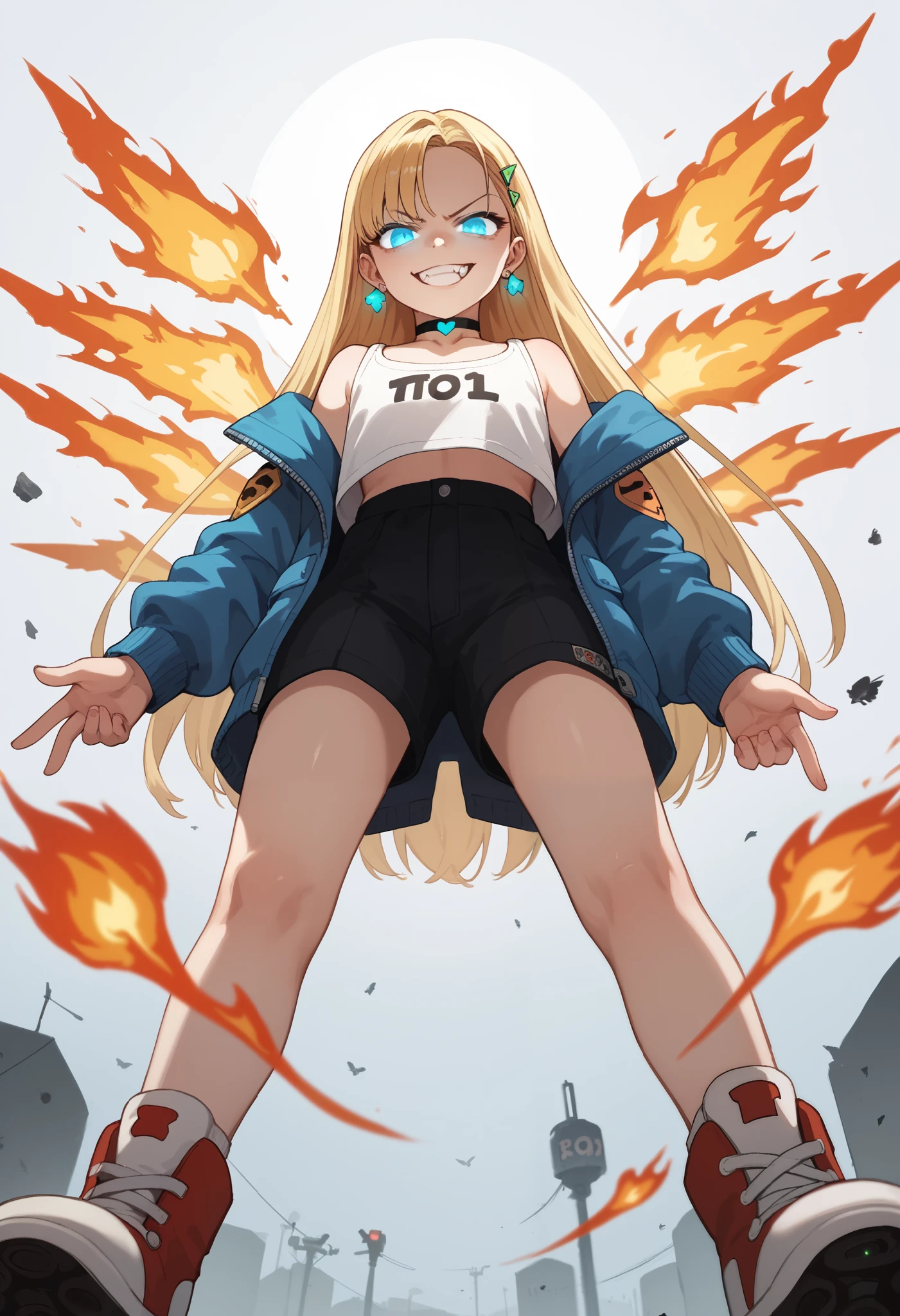 score_9, score_8_up, score_7_up, score_6_up, anime origin, sasha, long hair, parted in the middle, blonde, blue eyes, solo, mini wings,  earrings, choker, bottom view, evil grin, danger, glare, fire, glowing eyes, fang, wide smile, looking at viewer, Opossumachine aesthetic, full body 