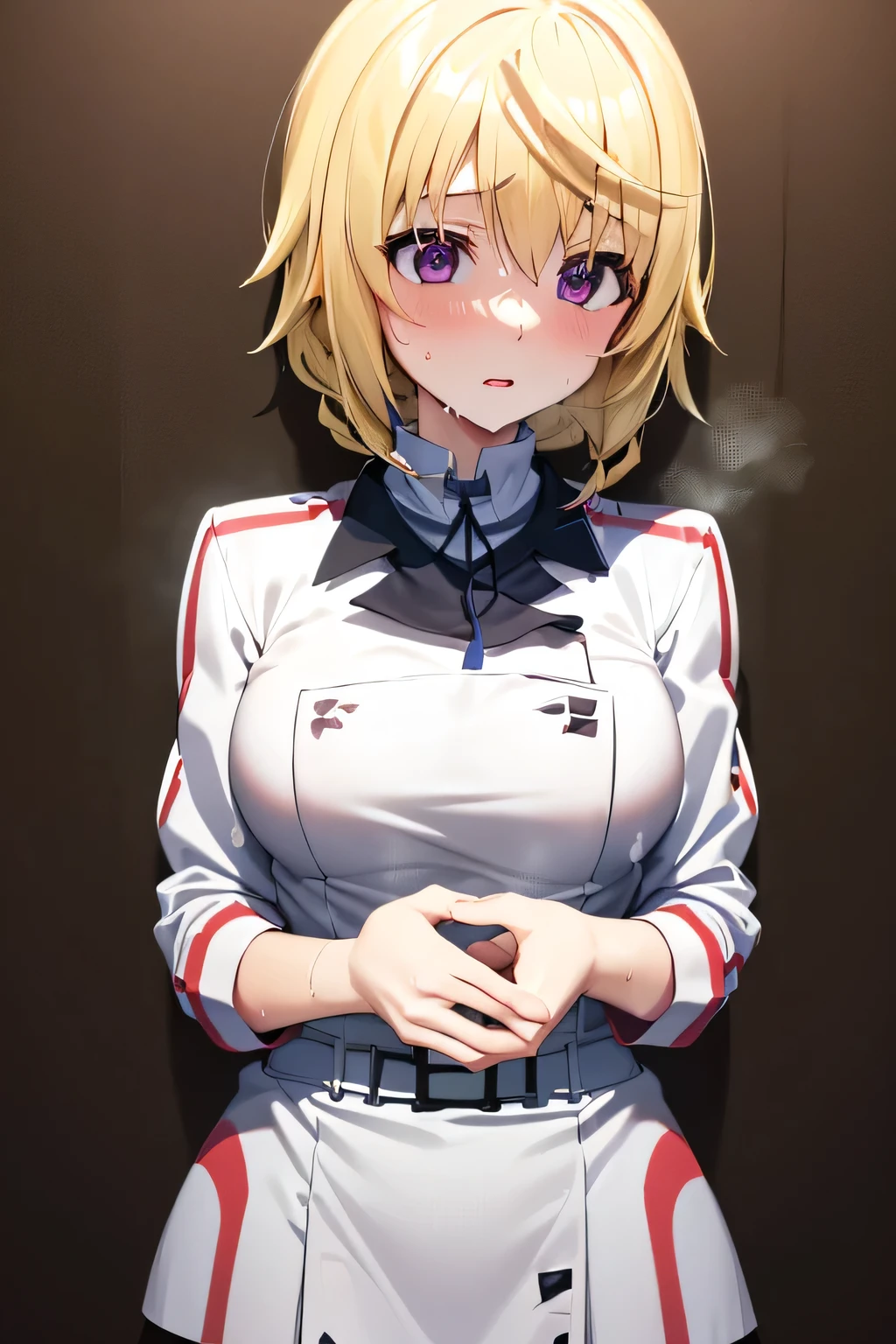 perfect anatomy best quality, highest resolution,(((A white uniform with a metallic luster Shiny Blonde girl sweat))) Charlotte Dunois