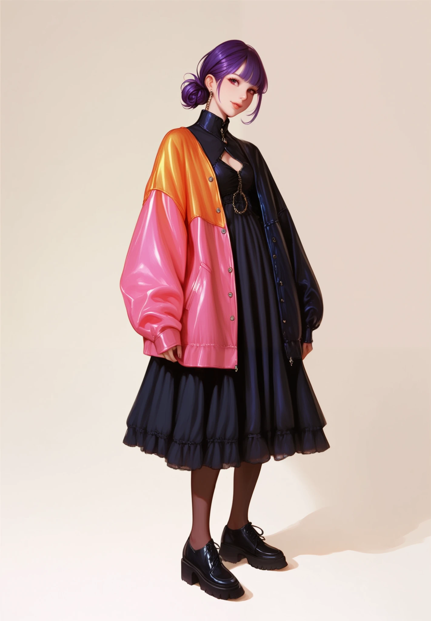 1girl,solo, black dress,long sleeves, colorful dress,marcille_donato