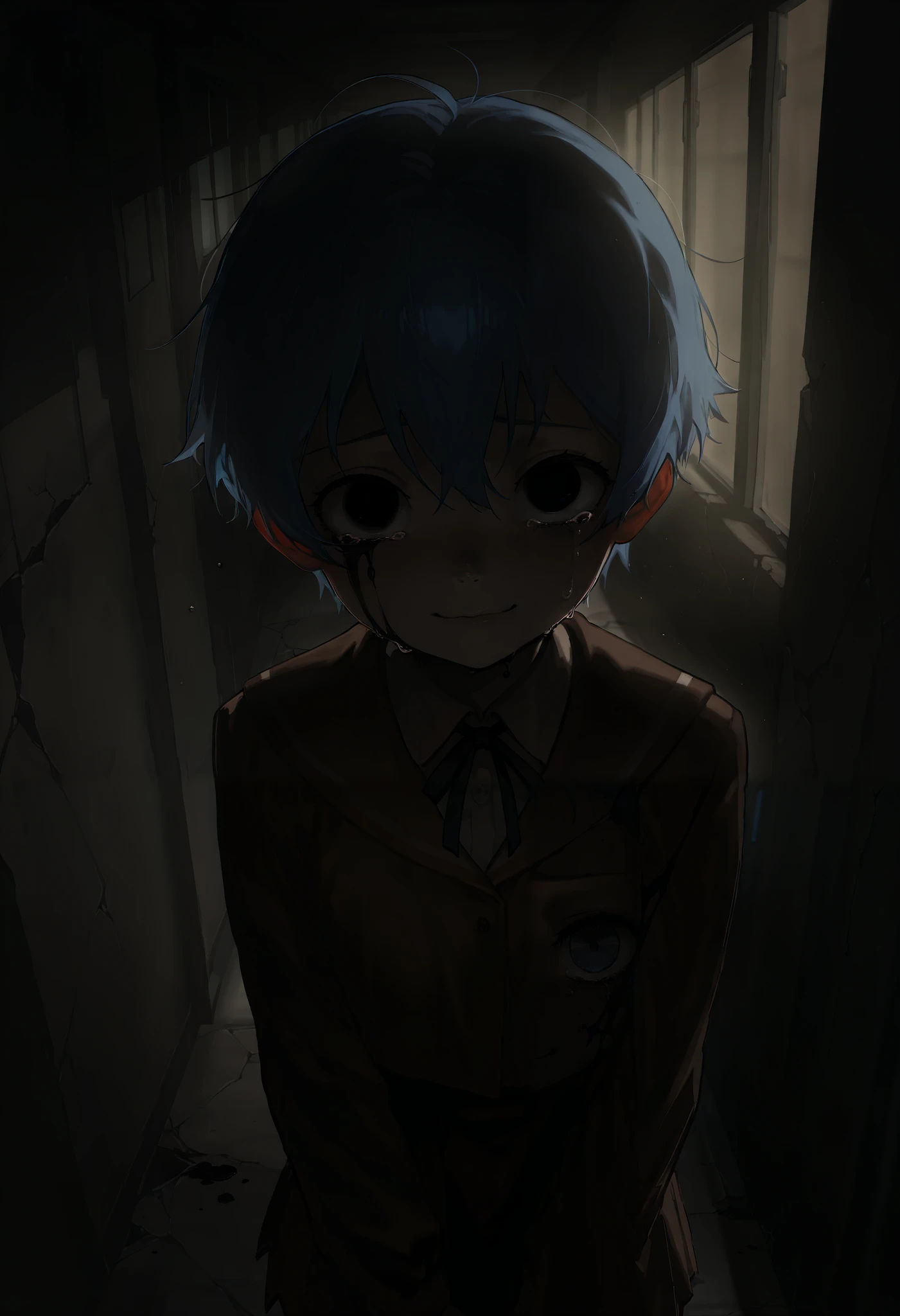 ((Blue lighting environment)), ((dark cinematic scene)), (No light source), (completely dark environment), solo, score 9, score 8, score 7, Best quality::2.5, artwork::2.5, Masterpiece::2.5, Beautiful features, good anatomy, realistic look, beautiful details, Close up, detailed eyes, rodecchi, Shota, blue hair, short hair, (no pupils), (Eyes completely white), crying black, black tears, forced smile, broken walls, ((Black ink on the body)), ((Cracks in the walls)), brown school clothes, Dark environment, lights off, School hallway, red lockers, Looking at the viewer,