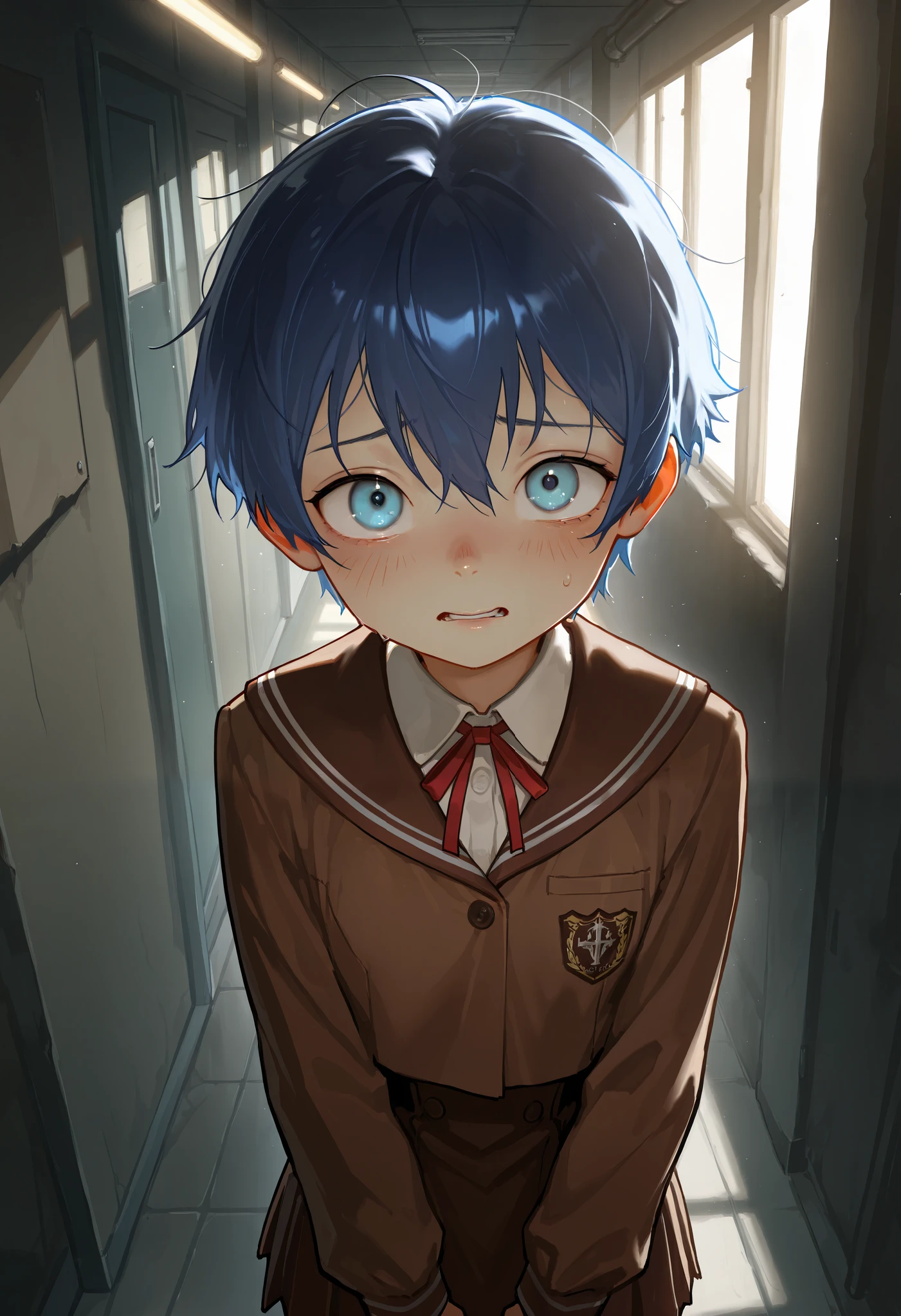 No light source, completely dark environment, solo, score 9, score 8, score 7, Best quality::2.5, artwork::2.5, Masterpiece::2.5, Beautiful features, good anatomy, realistic look, beautiful details, Close up, detailed eyes, rodecchi, Shota, blue hair, short hair, blue eyes, Blue eyes standing out in the dark, brown school clothes, scared expression, Dark environment, lights off, School hallway, red lockers, Looking at the viewer,