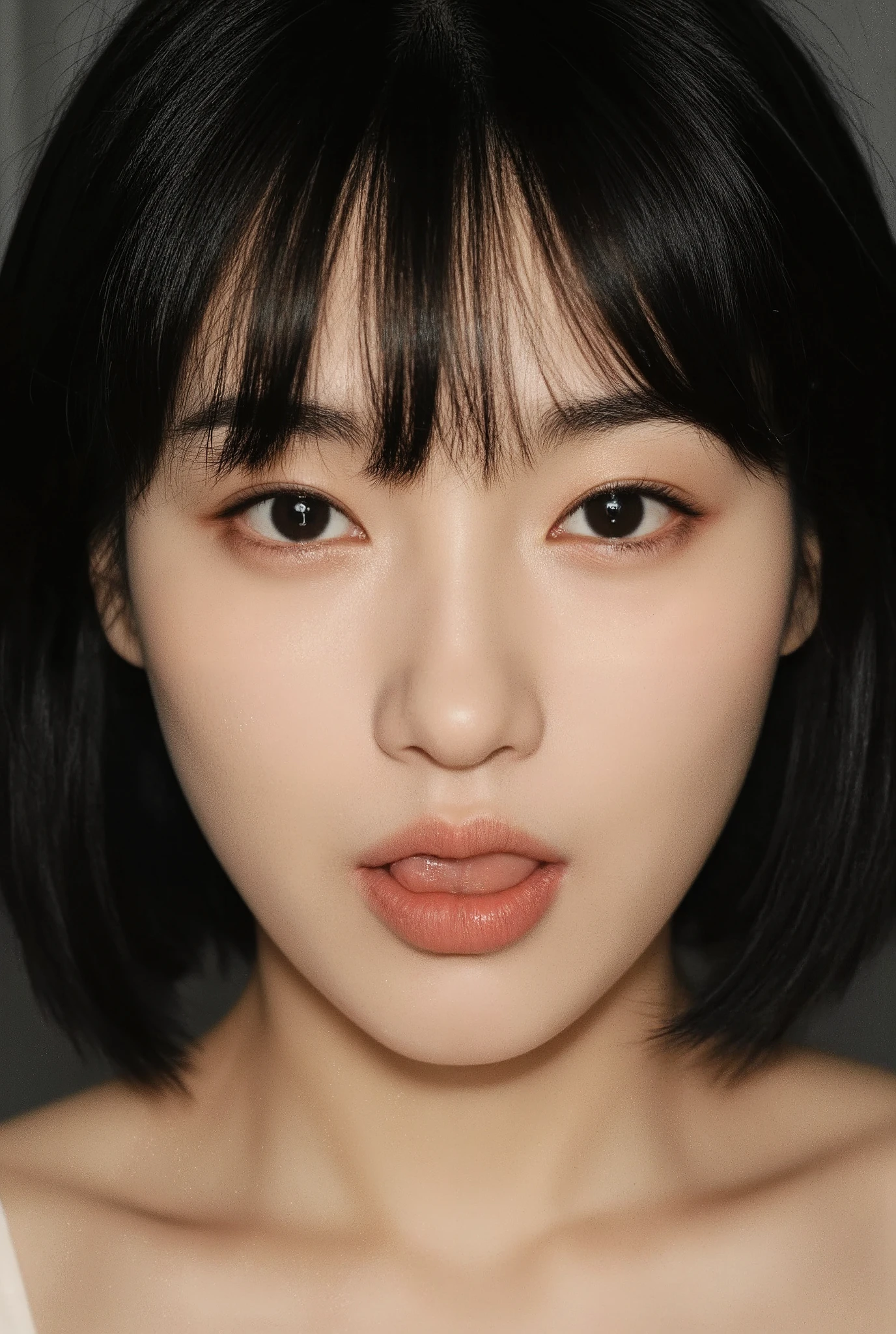 Realistic, sharp focus, high resolution, layout from chest up, mouth open and tongue out, portrait, one person, Japanese, female, beautiful woman, mature, calm atmosphere, 40 years old, translucent fair skin, medium long hair, black hair, forehead visible, small nose,