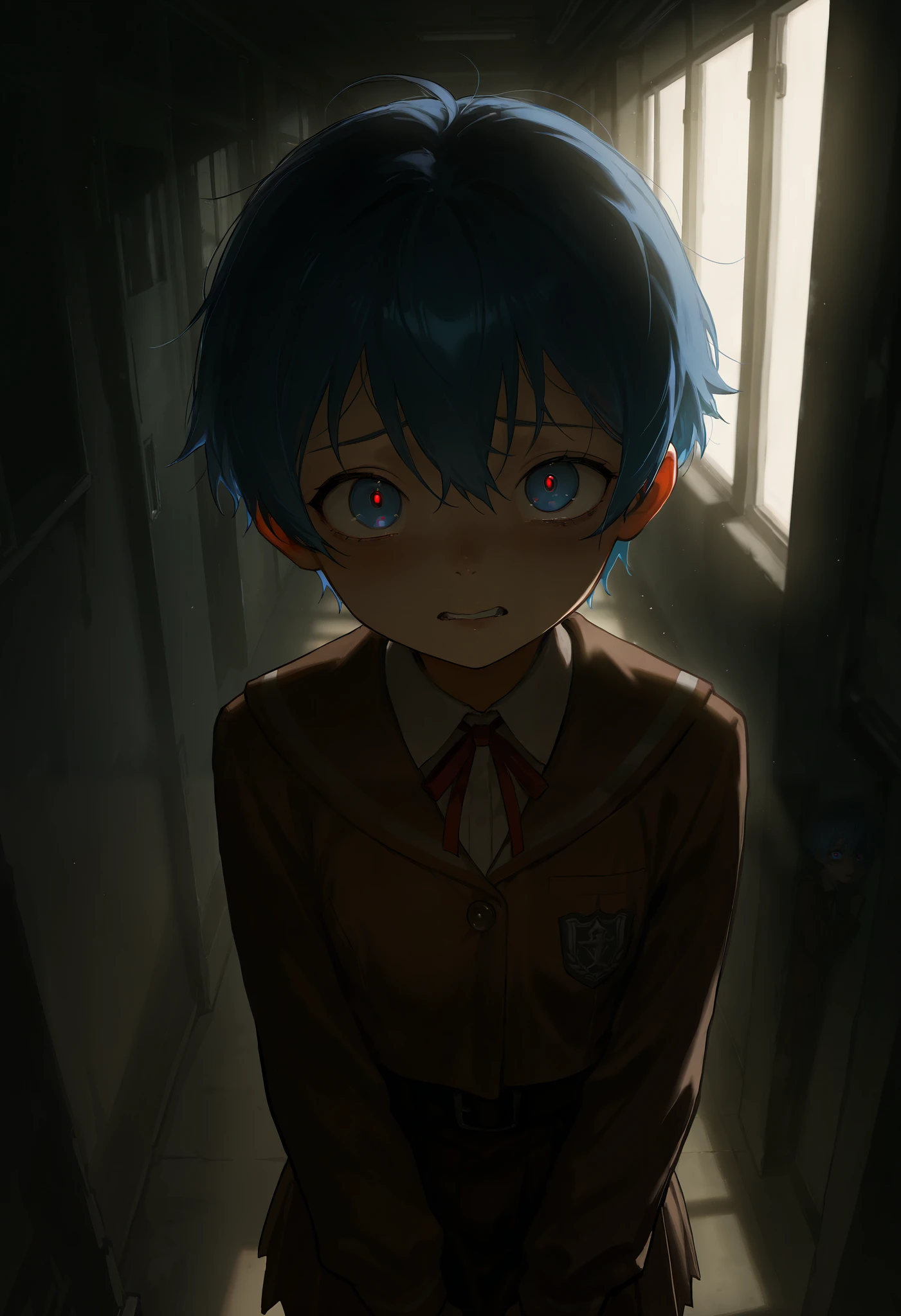 Dark cinematic scene, (No light source), (completely dark environment), solo, score 9, score 8, score 7, Best quality::2.5, artwork::2.5, Masterpiece::2.5, Beautiful features, good anatomy, realistic look, beautiful details, Close up, detailed eyes, rodecchi, Shota, blue hair, short hair, blue eyes, Blue eyes standing out in the dark, Red pupils, brown school clothes, scared expression, Dark environment, lights off, School hallway, red lockers, Looking at the viewer,