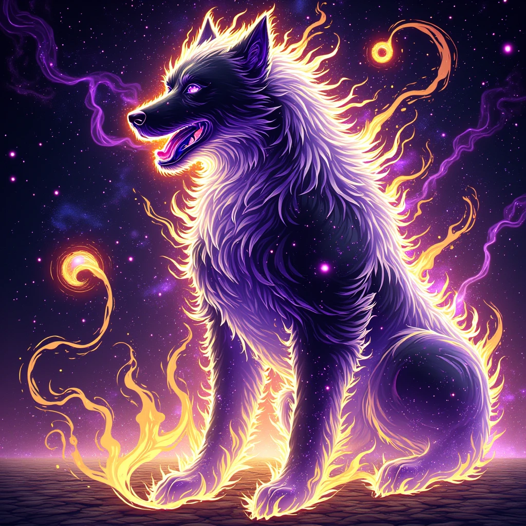 onfire, Cosmic Abaddog with black purple white and yellow color palette 
