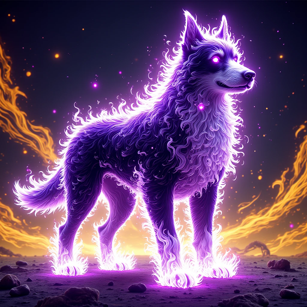 onfire, Cosmic Abaddog with black purple white and yellow color palette 
