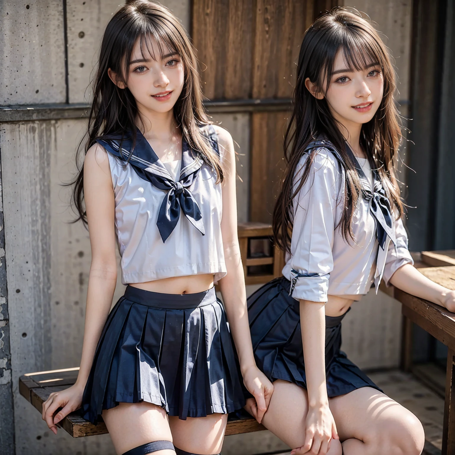 ulzzang-6500-v1.1, (top quality, masterpiece), (raw photo: 1.2), (photorealistic: 1.4), highest quality, master, very tasty and beautiful, highly detailed CG, 8k wallpaper, amazing fine details, master masterpiece, official art, huge file size, high resolution, 2-3 girls, ( snugly next to each other without separation between characters), (no break in one piece), s to twenties, Nogizaka girls, (representations of the human body based on precise anatomy), intricate details, Japan schoolgirl uniforms, (neat white blouses of smooth sheer fabric with ribbon ties), (ultra mini navy blue tartan check pleated skirts), ( Everyone is wearing the same clothes), (tightly dressed), (less revealing upper body), (white panties), (fastening all buttons of the blouse)), blonde, (((very large breasts)), (very large women), (very large), (cramped clothes), (no bra), (area shows through skin tone), (pink areola), small tingles, (big buttocks) , (thin thighs), very beautiful eyes, bright ultramarine eyes, (detailed pupils reflecting light), (the iris of the eye is painted with details of a fine radial pattern), (the expression of the whites of the eyes is slightly dark), (the upper 30% of the eyes have shadows), double eye lids, sleepy look, no makeup, snug, No makeup, natural eyebrows, realistic shading assuming a light source, cute girl and mature beauty, (whitening skin), baby face, smile, long hair in half-braid, (((backwards pose))), ((looking back from the back)),((showing off the buttocks)),(((looking straight back and not looking at me))),cuddling, cheeks together,arms crossed like a lover,looking at the other person, beautiful garden with flowers, clear sunshine,
