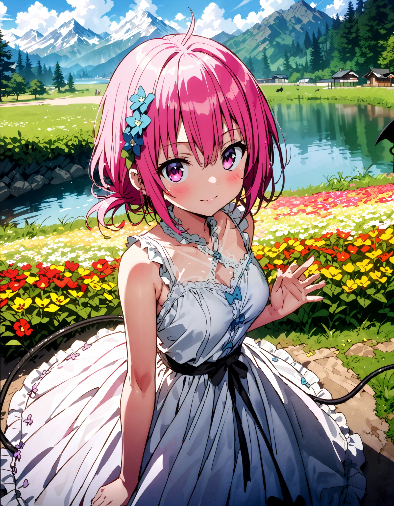 Momo Devil, Momo Deviluke, demon Tail, hair flower, hair ornament, 紫色の目, pink hair with a scar, short hair, smile,blush, mouths,Tail,demon Tail, white sleeveless dress ,Medium breast, long skirt, barefoot,My feet are soaked in water ,noon, are standing,whole bodyがイラストに入るように,
break looking at viewer,whole body,
break outdoors, lake,Flower Field,Mountain,city,,
break (masterpiece:1.2), best quality, high resolution, unity 8k 壁紙 , (shape:0.8), ( attention to beautiful details:1.6), very detailed face, perfect lighting, Highly Detailed CG, ( perfect hand, perfect anatomy),