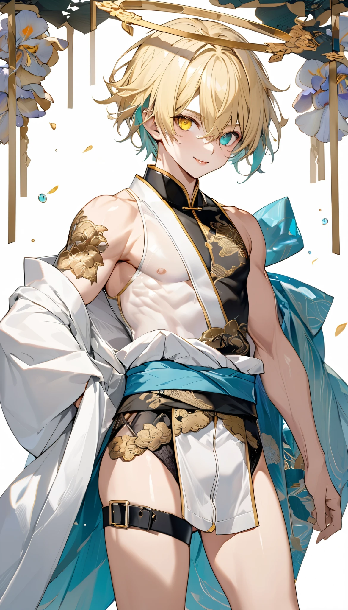  fresh illustration ,
Superfine painting,
 very delicate illustration ,
 Very fine details ,
1boy ,
(( standing))
Alone,
Height: 158cm,
Beige Skin,
Cheeks are ruddy,
((The iris on the left is medium aquamarine and the iris on the right is yellow ))
((Complete iris heterochromia )),
 beautiful eyes,
 large black pupils ,
Short short hair,
Blonde,
 the tips of the hair are whitish ,
 The hair has gradation ,
 shiny hair with makeup,
 young but beautiful and bewitching face ,
The lips are extremely small,
 is smiling,
 a small halo that shines brightly on the head ,
 the tips of the eyebrows are slightly lowered ,
 the upper body is worn in kimono ,
thin pectoral muscle,
 six pack,
 Slim waist,
 thin legs ,
 The lower body is long, transparent clothing in the style of a Chinese dress with slits on both hips,
The color of the obi is red ,,
 the obi is tastefully embroidered with silver thread ,
 fine fabric clothing ,
Jockstrap underwear claims to be male,
 the thigh strap cuts into the skin ,
Are the tips of long boots Japanese style,
Isometric,
 golden ratio,
god々 atmosphere,
 wearing a padded collar innerwear ,
 white background,
 tactical use of shadows ,
 the ring of the head and hair fit inside the frame ,
Clothes fit inside the frame ,
(( full shot))
 facing the front,
