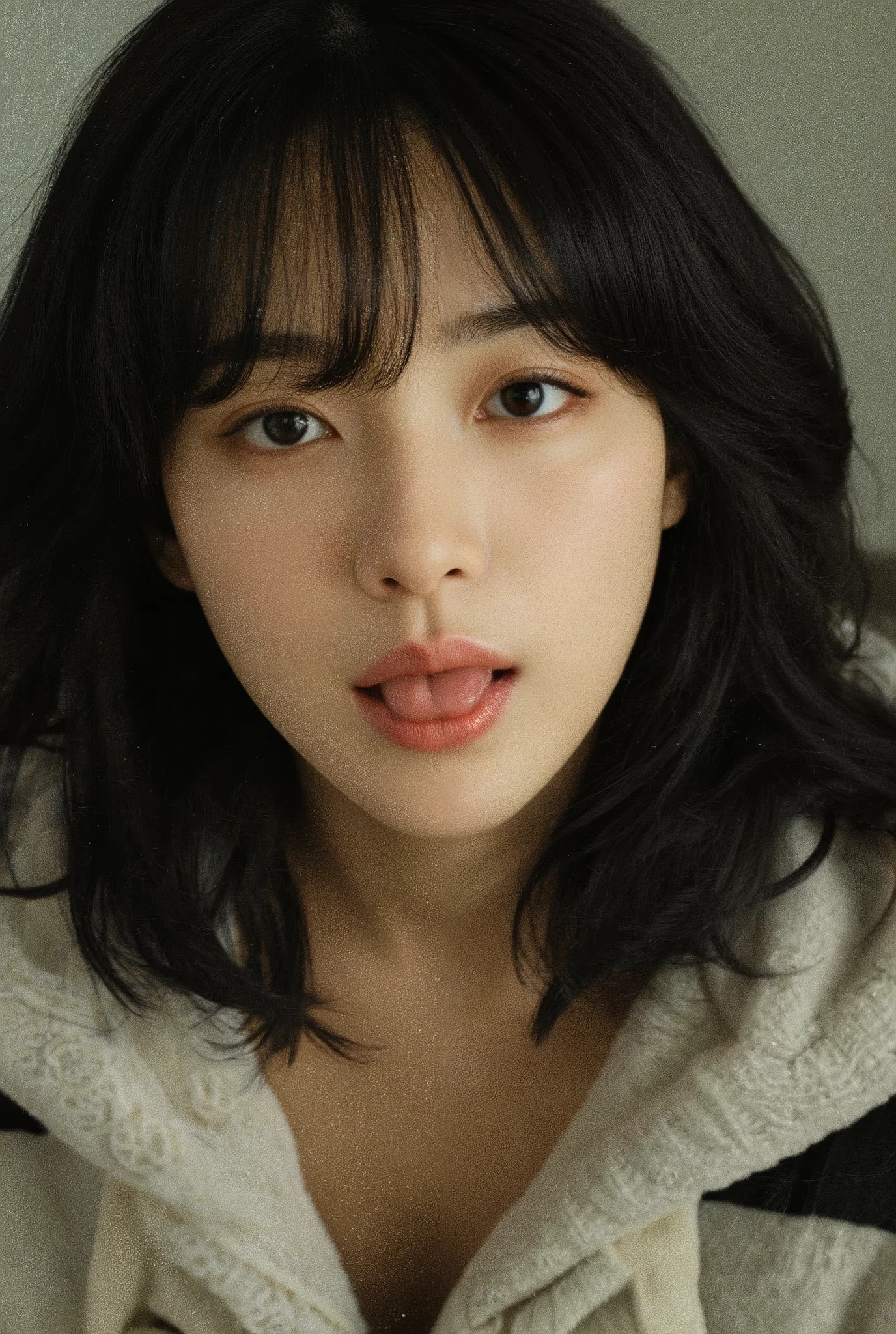 Realistic, sharp focus, high resolution, layout from chest up, mouth open and tongue out, portrait, one person, Japanese, female, beautiful woman, mature, calm atmosphere, 40 years old, translucent fair skin, medium long hair, black hair, forehead visible, small nose,