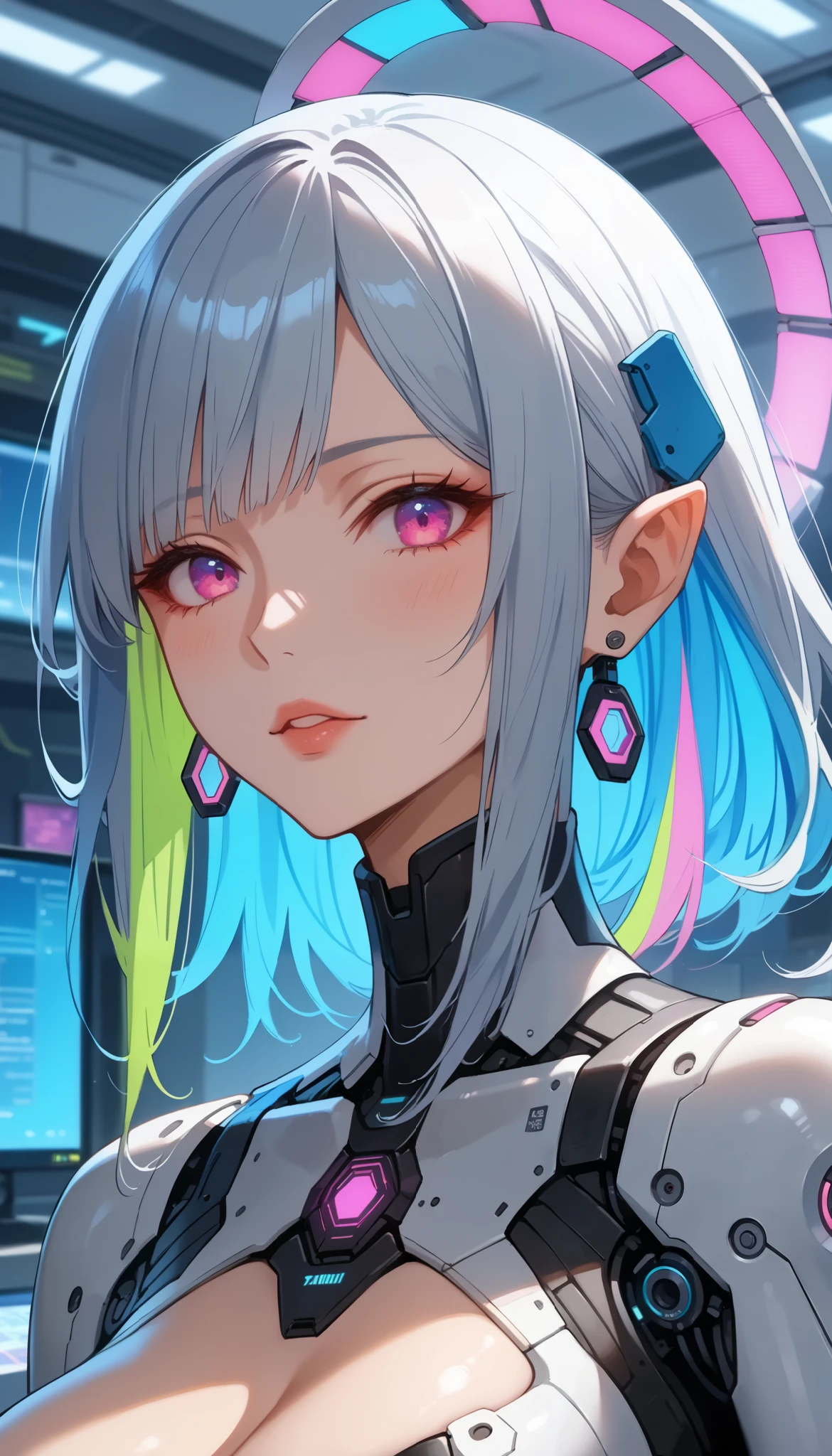 ((masterpiece, high quality , anatomically accurate , high quality , ultra high quality , depth of field in front of the monitor , , high quality )) complex machine body , Android ,science, light emitting diode ,metal,metal, High Definition , 最 high quality, High Definition , anatomically accurateな , very detailed, Ultra-Fine, textured skin , sharp details ,bangs, Vibrant hair color 、 Allows