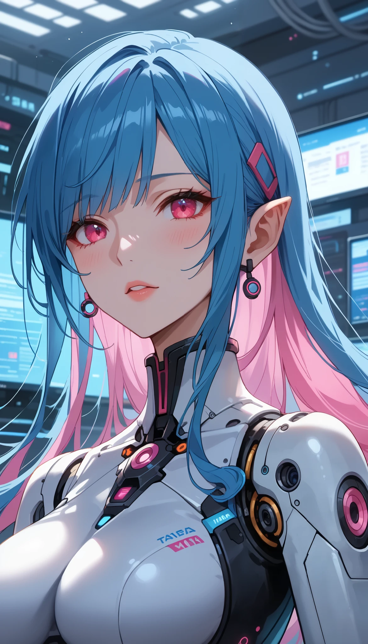 ((masterpiece, high quality , anatomically accurate , high quality , ultra high quality , depth of field in front of the monitor , , high quality )) complex machine body , Android ,science, light emitting diode ,metal,metal, High Definition , 最 high quality, High Definition , anatomically accurateな , very detailed, Ultra-Fine, textured skin , sharp details ,bangs, Vibrant hair color 、 Allows