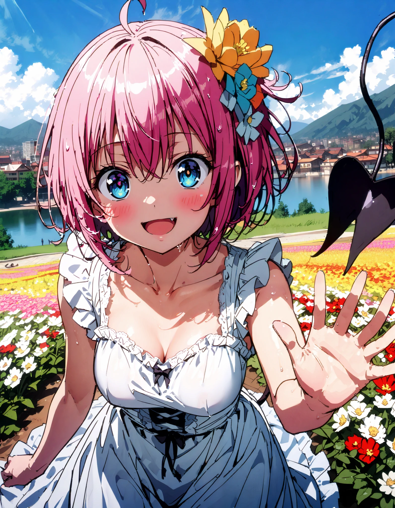 Momo Devil, Momo Deviluke, demon Tail, hair flower, hair ornament, 紫色の目, pink hair with a scar, short hair, smile,blush, mouths,Tail,demon Tail, white sleeveless dress ,Medium breast, long skirt, barefoot,My feet are soaked in water ,noon, are standing,whole bodyがイラストに入るように,
break looking at viewer,whole body,
break outdoors, lake,Flower Field,Mountain,city,,
break (masterpiece:1.2), best quality , kampala,unity 8k 壁紙,(shape:0.8),( fine, beautiful eyes :1.6),It's a person ,whole body写真,CG Details , ( perfect hand, complete anatomy),