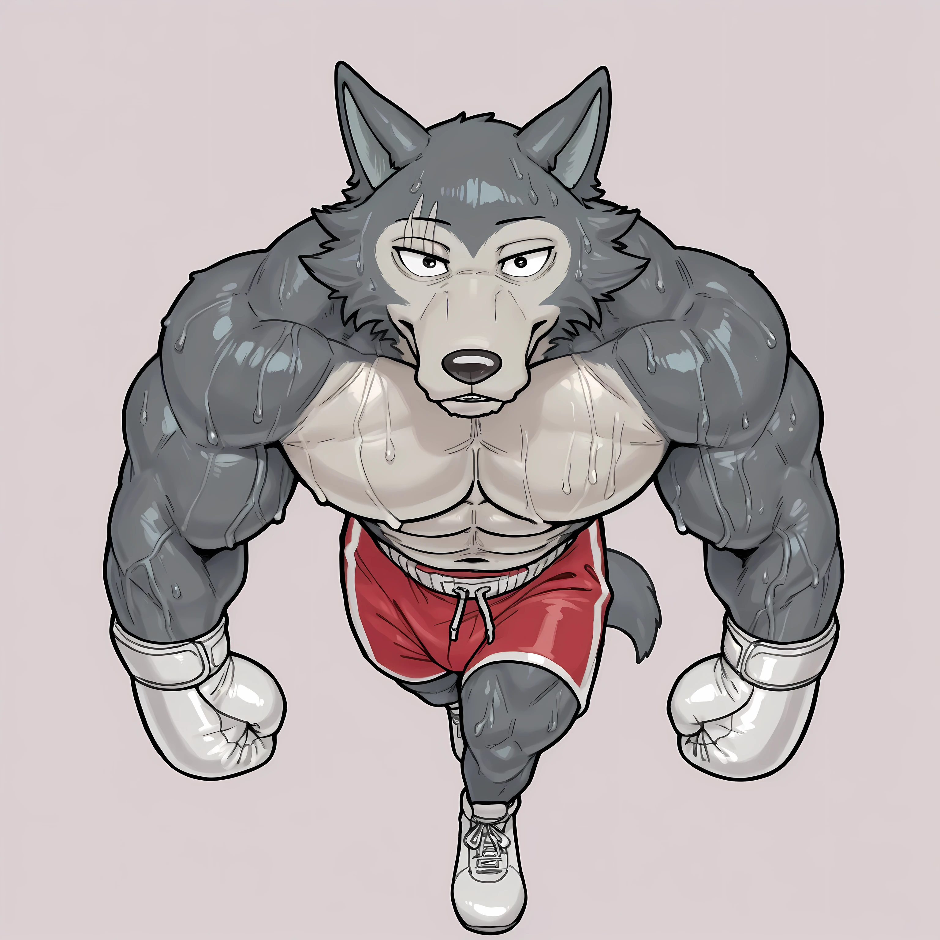 l3gosh1, beastars, male, solo, wolf, muscular, athletic, masculine, (small eyes), boxing_gloves, simple background, sweaty body, veiny arms, bulging muscles, boxing_stance, boxing, dynamic_pose, posing, boxing_shoes, boxing_shorts, full body, glistening body, boxing_pov, walking, high-angle shot, from above, looking at viewer