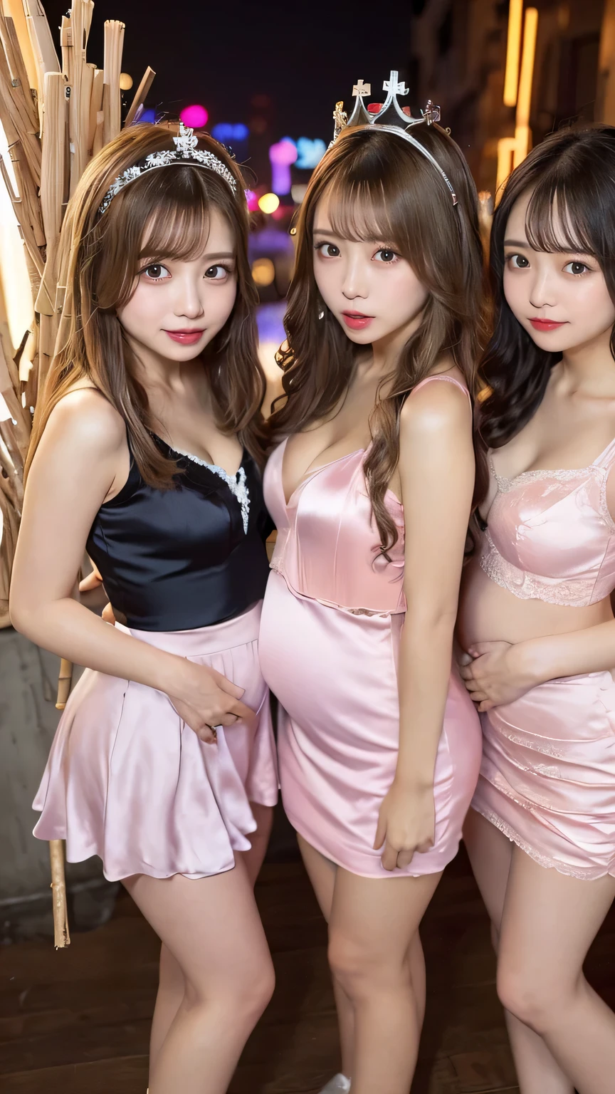 Identical twin sisters around 18 years old, simple, Twin sisters who look exactly the same, very beautiful and delicate, (light makeup), brown hair, sweet smile, Delicate and beautiful fair skin, realistic and realistic, delicate and perfect facial features, Detailed facial depiction, high nose bridge, red lips, beautiful gentle beautiful girl, flowing smooth hair, very delicate hair, soft temperament, face light, 超realistic, realistic, 8K quality, extreme details, realistic details, master works, realistic extreme, body, overwhelmingly beautiful, Pure, stunning beauty, unparalleled beauty, best image quality, 8K resolution, goddess, smile, detailed facial features, hair over shoulders, brown hair, long and thin legs, black bandeau dress with belt, exposed legs, sweet smile frank, 超realistic, blue gemstone necklace, sunlight, towards the camera, 均整のとれたしっかりしたbody型, gentle eyes, exposed thighs, standing posture, standing in the mall, full body photo, medium view,